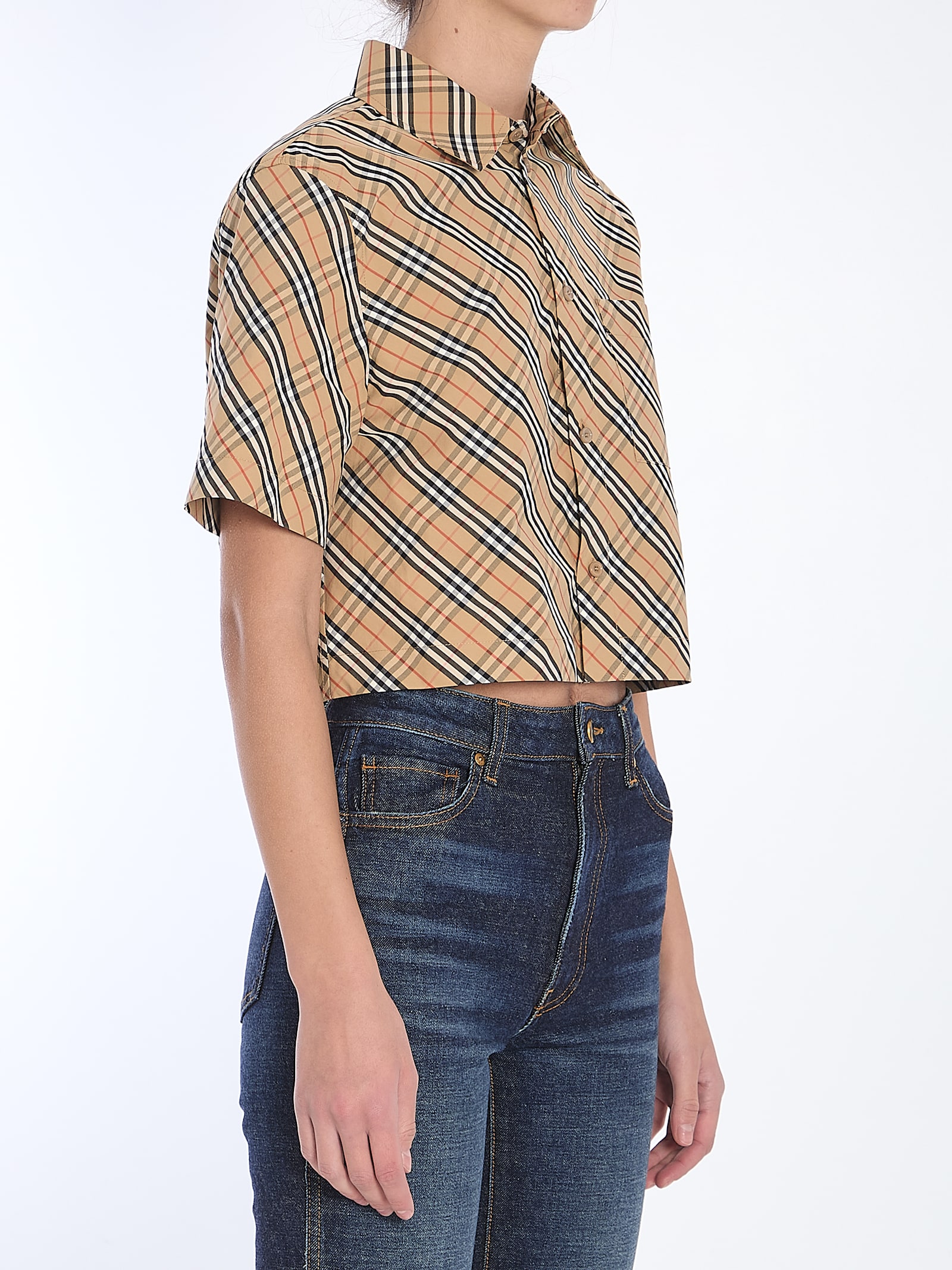 Burberry Cropped Check Cotton Shirt In Brown