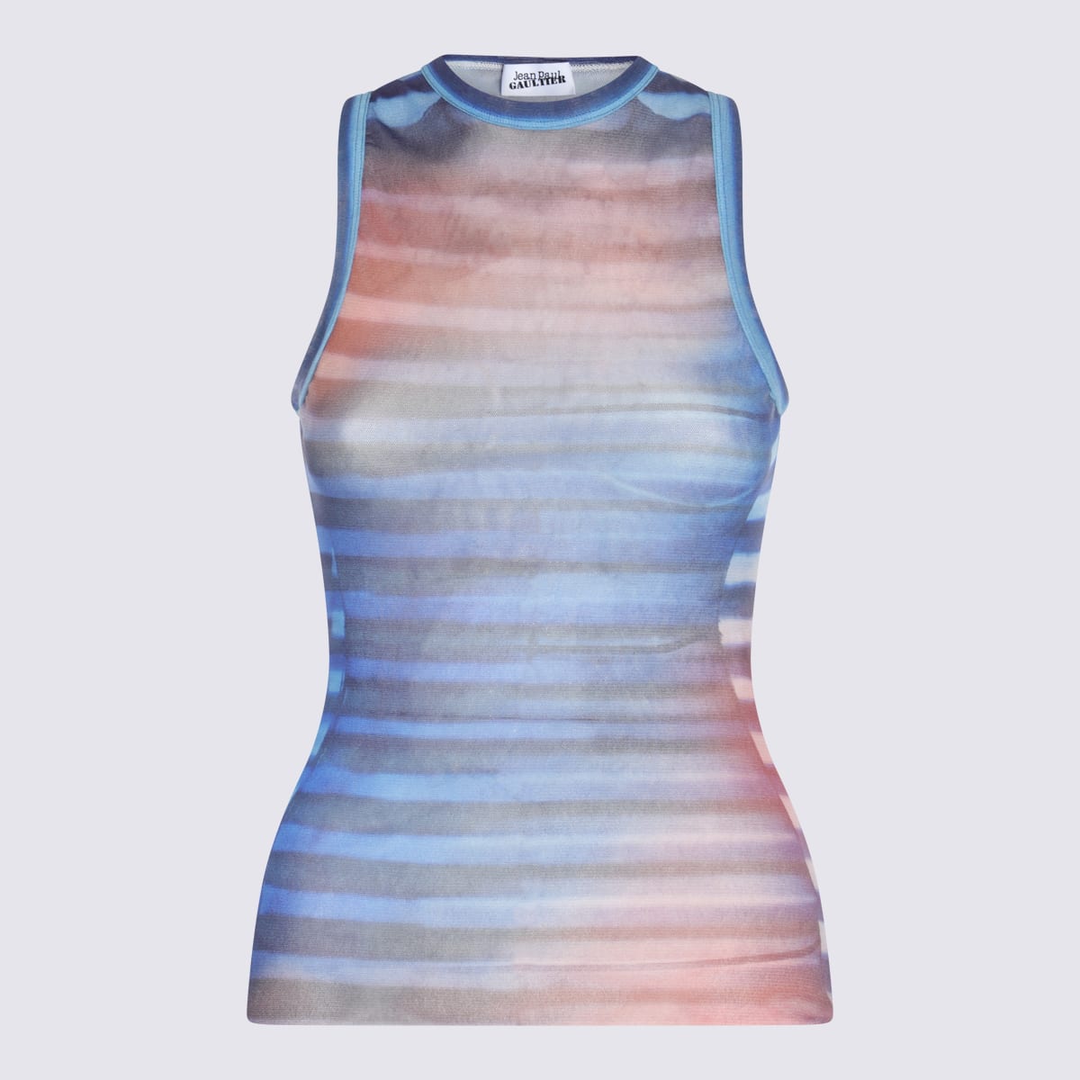 Jean Paul Gaultier Sleeveless Round Neck Striped Sheer Top In Blue