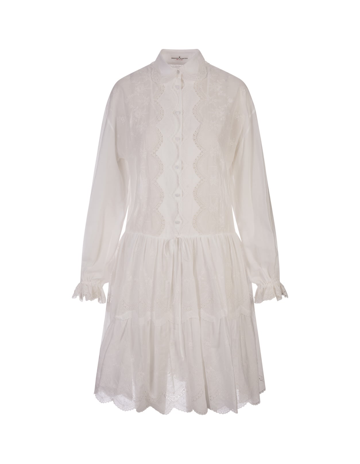White Midi Shirt Dress With Flower Embroidery