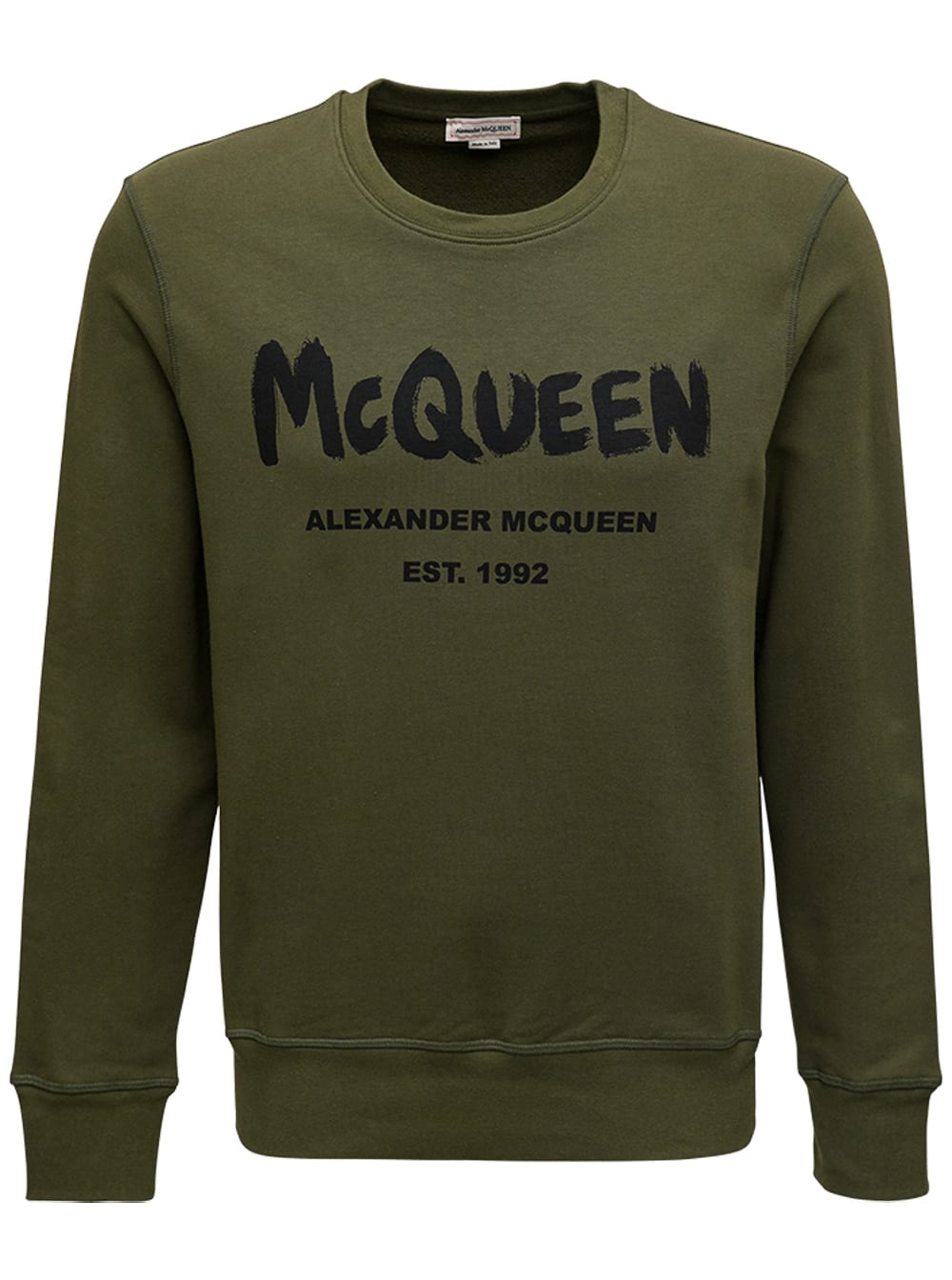 Alexander McQueen Long Sleeves Green Cotton T-shirt With Logo Print