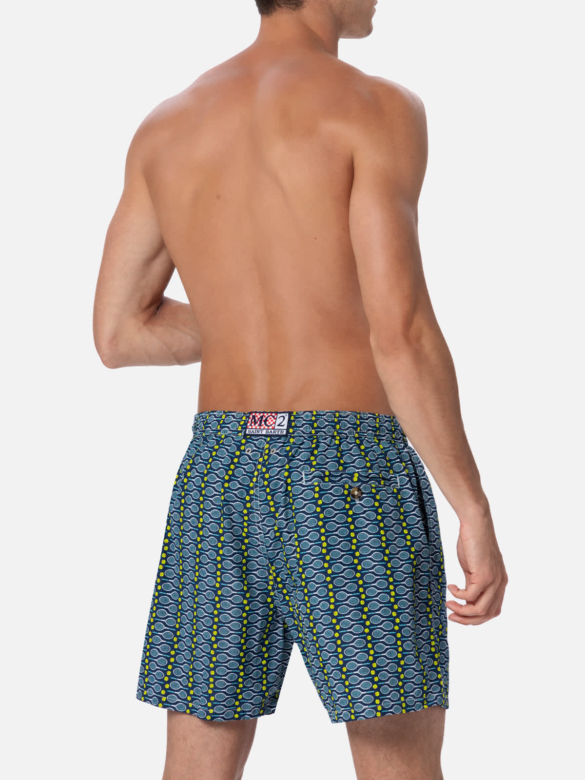 Mc2 Saint Barth Man Lightweight Fabric Swim-shorts Lighting Micro Fantasy With Tennis Print In Blue