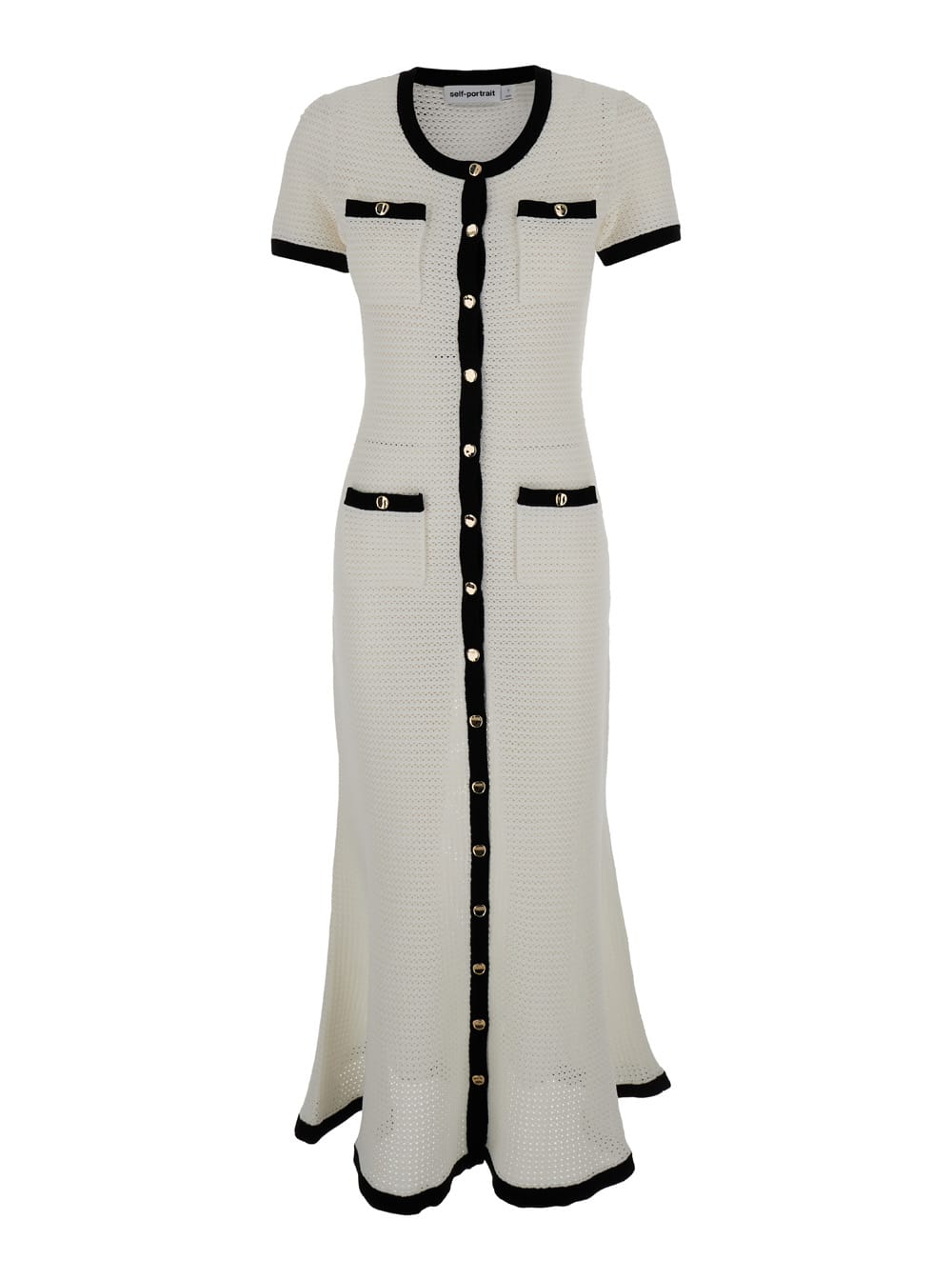 Shop Self-portrait Black And White Long Crochet Dress In Techno Fabric Woman