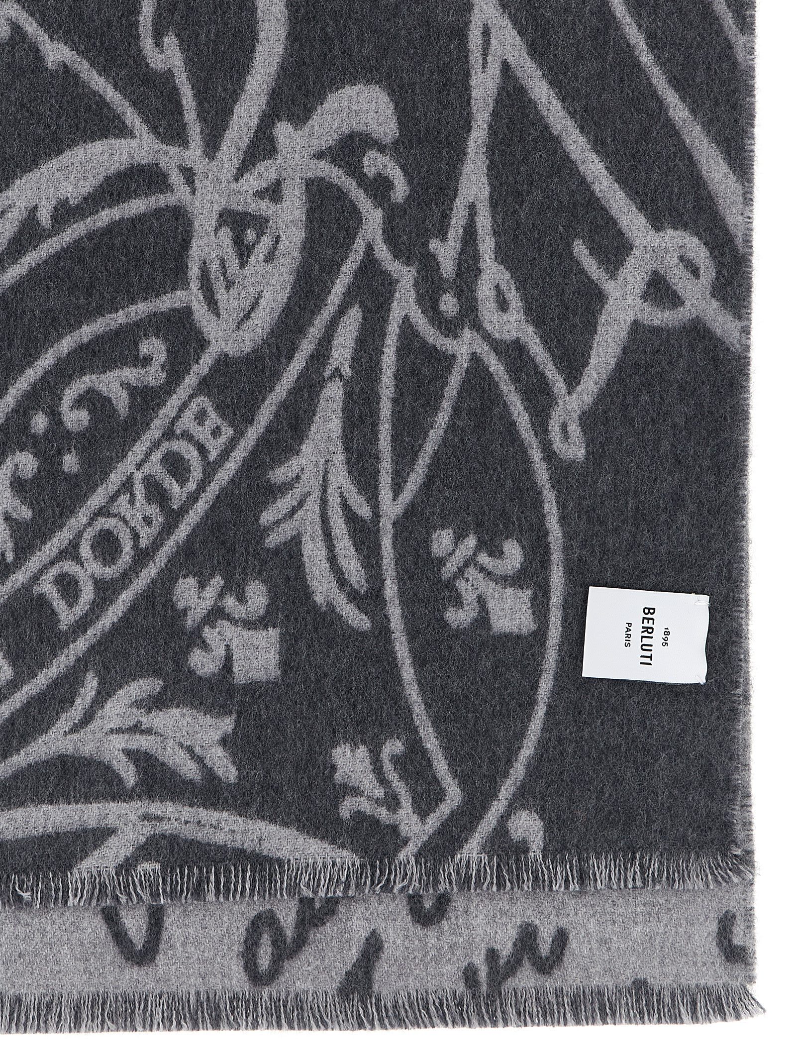 Berluti Reversible Script Pattern Scarf With Fringed Edges In Gray