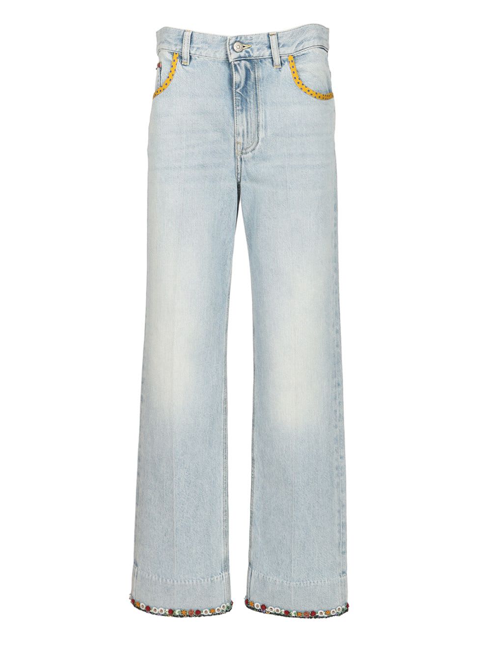Valentino Denim Trousers With Embroidered Flower Trim In Blue