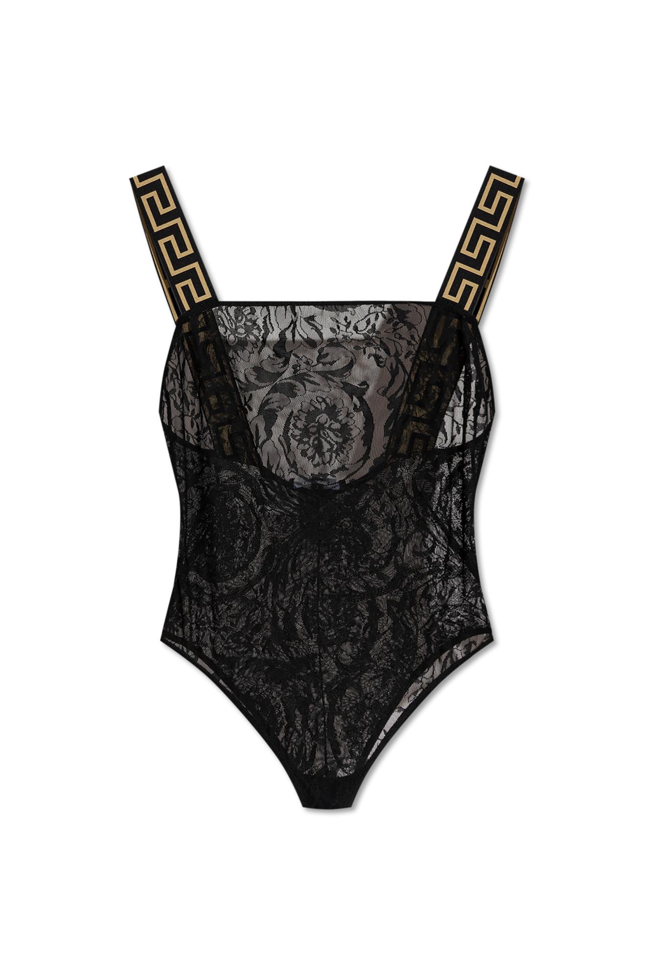 Versace Geometric Border Lace Bodysuit In Black