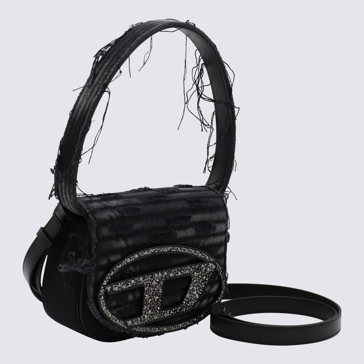 Diesel 1dr Black Shoulder Bag With Oval D Plaque With Rhinestones And Fringed Edges In Cotton And Leather B