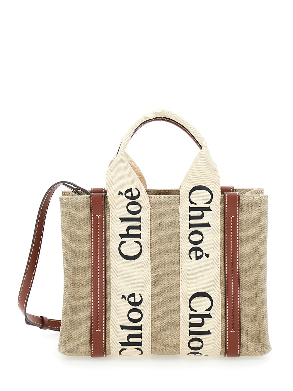 Chloé Woody Brown Tote Bag With Branded Ribbons In Canvas And Leather Woman In Sand