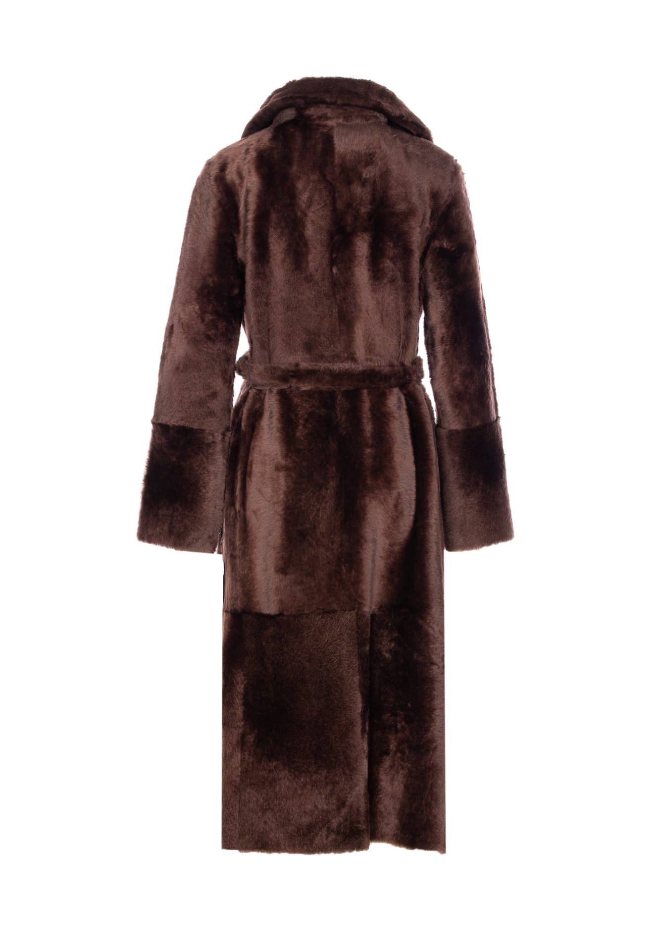Yves Salomon Belted Faux Fur Long Coat With Pockets In Brown