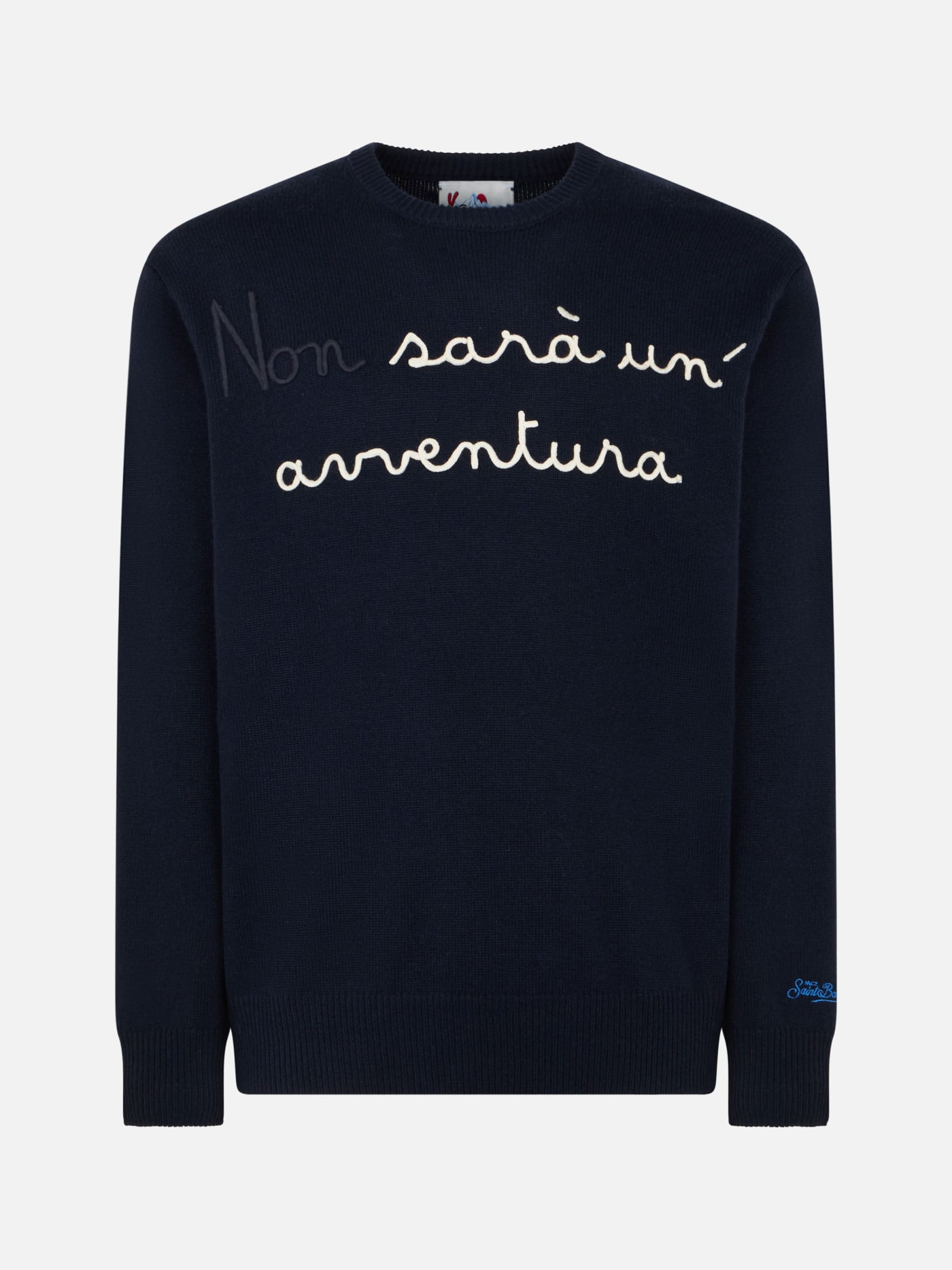 Shop Mc2 Saint Barth Man Crewneck Sweater With Non Sarà Unavventura Embroidery Niki Dj Special Edition In Blue