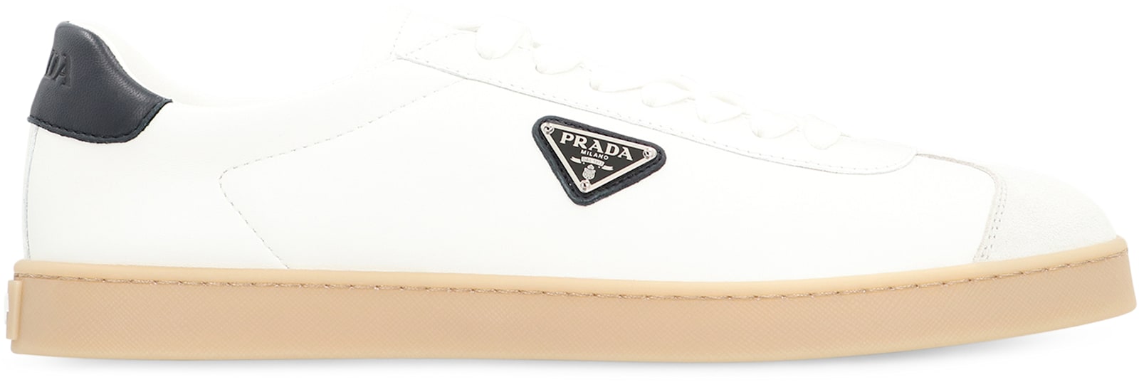 Prada Lane Leather Low-top Sneakers In Bianco/blu