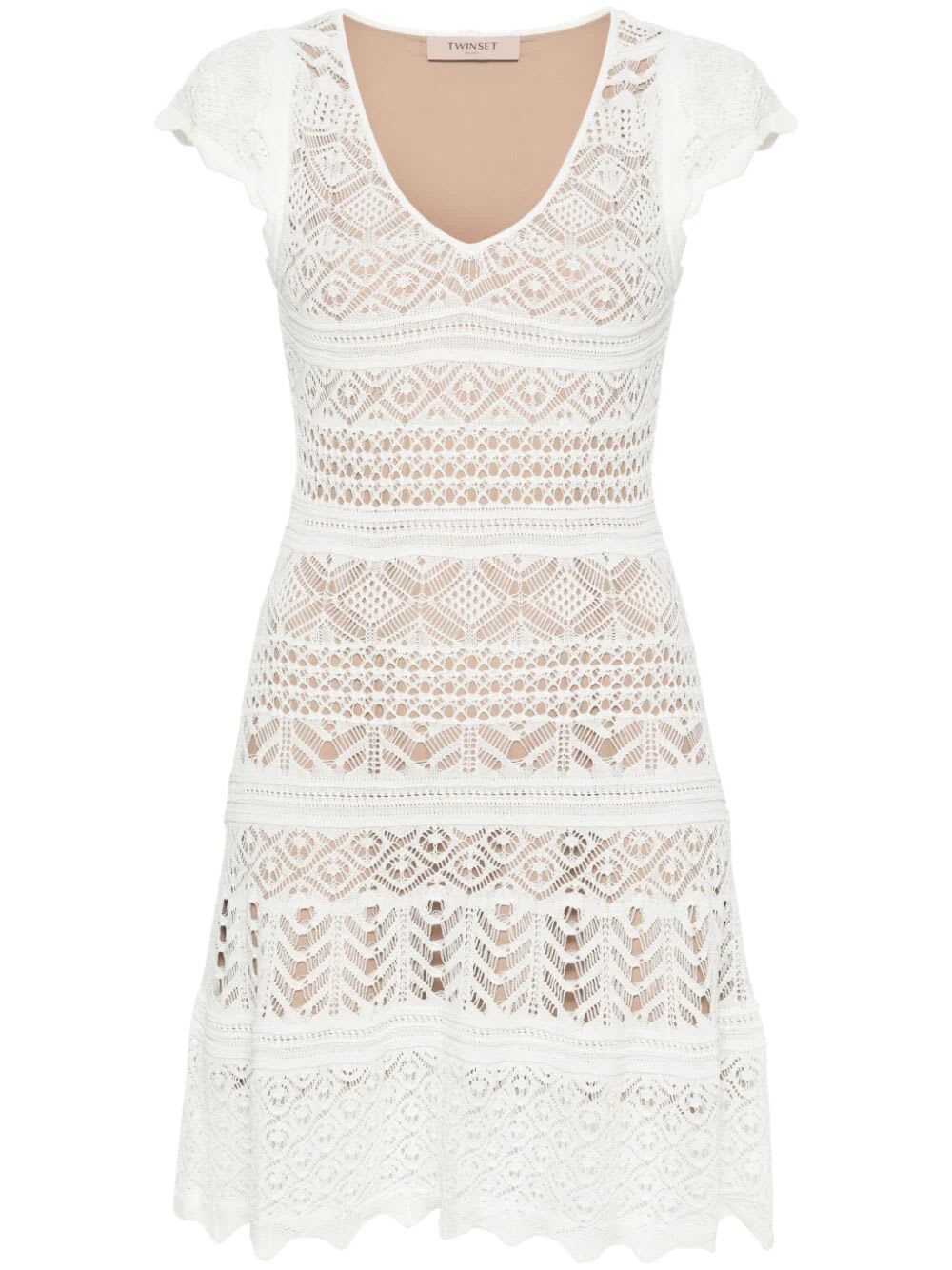 Twinset Short Sleeve Lace Dress In Snow