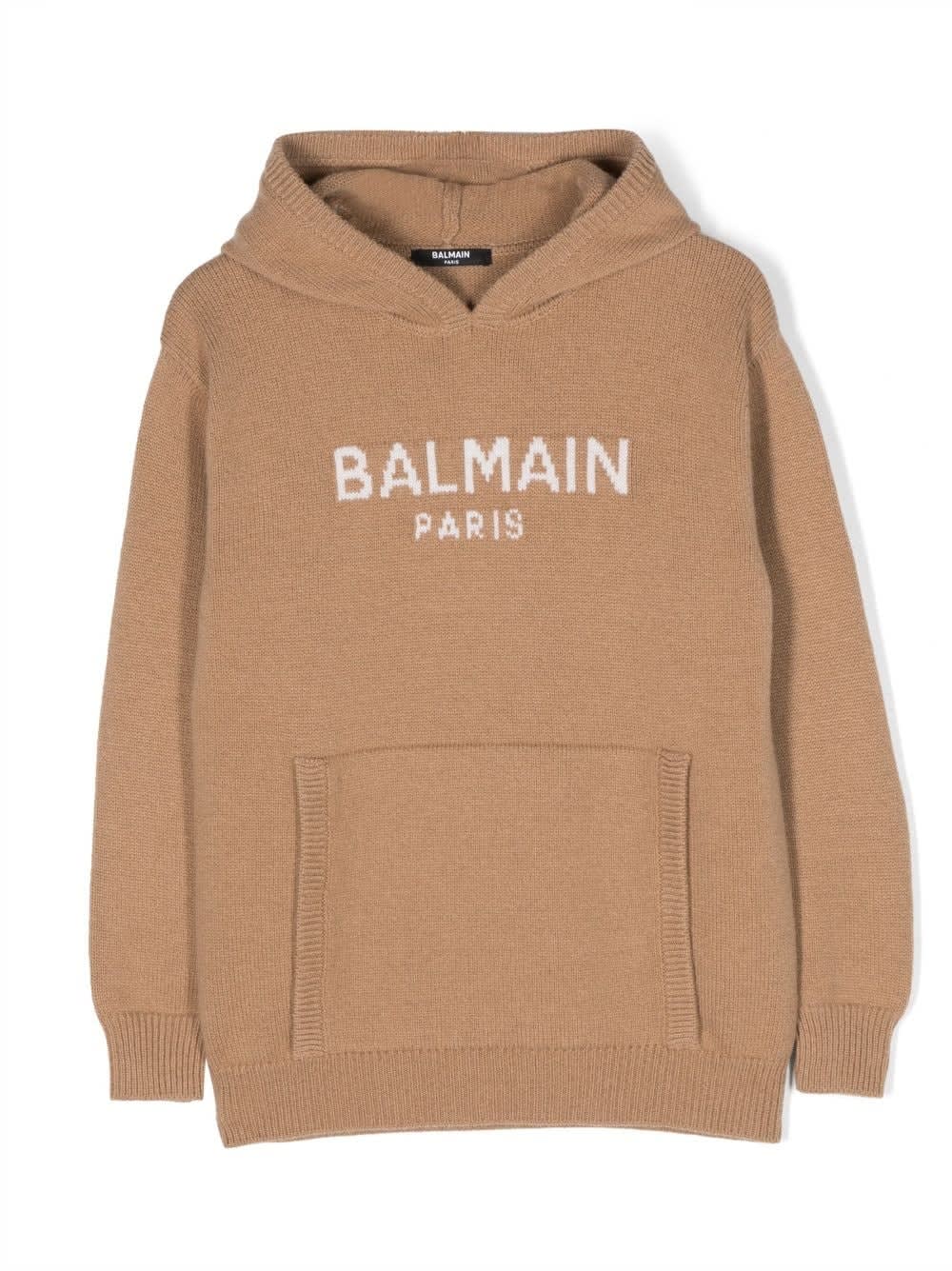 BALMAIN CAMEL PULLOVER WITH LOGO AND HOOD