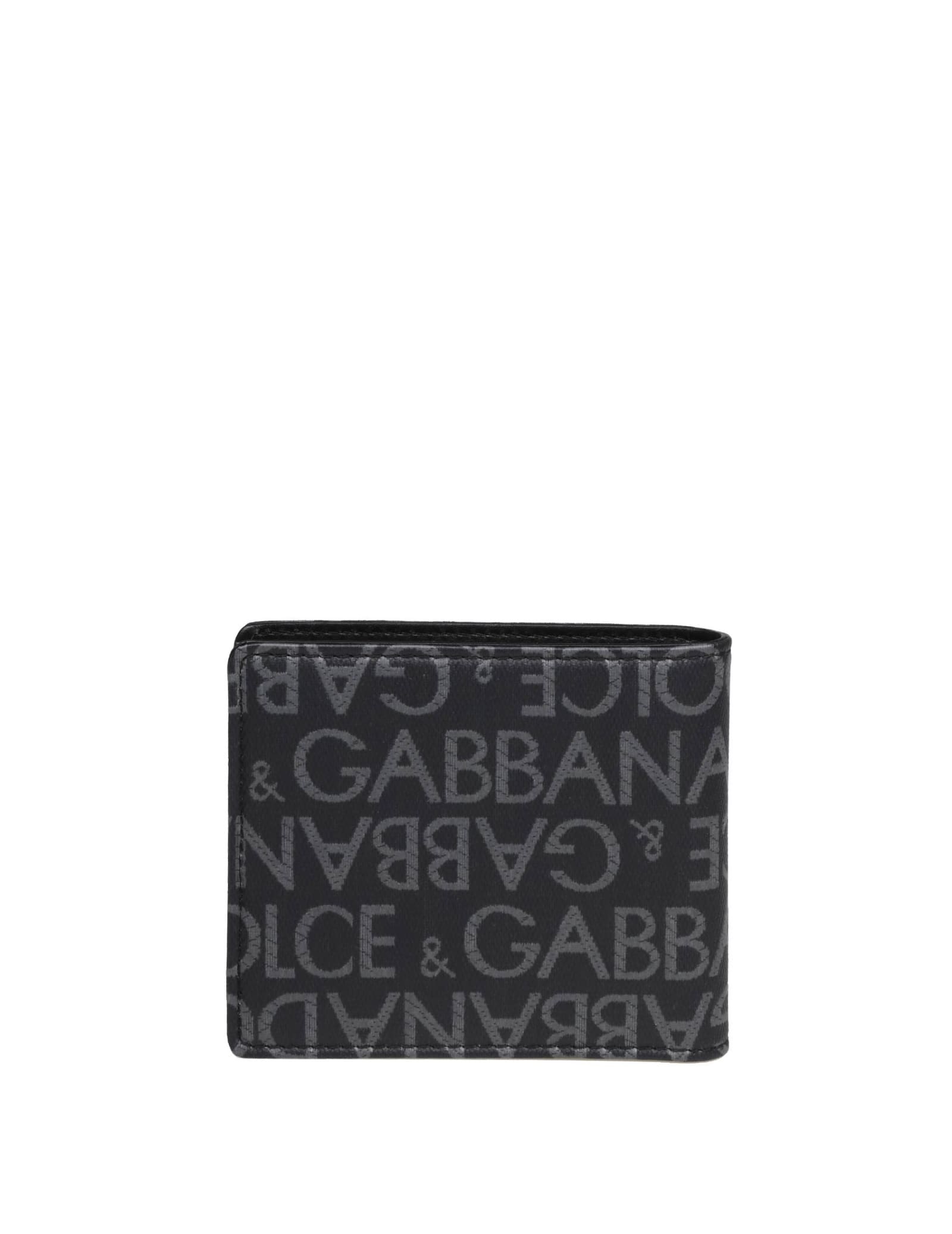 Shop Dolce & Gabbana Wallet In Jacquard Fabric With Logo In Black / Grey