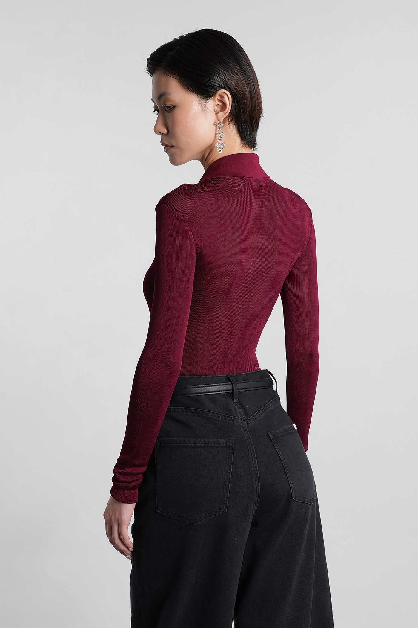 Self-portrait Bordeaux Viscose Bodysuit With Classic Collar In Red