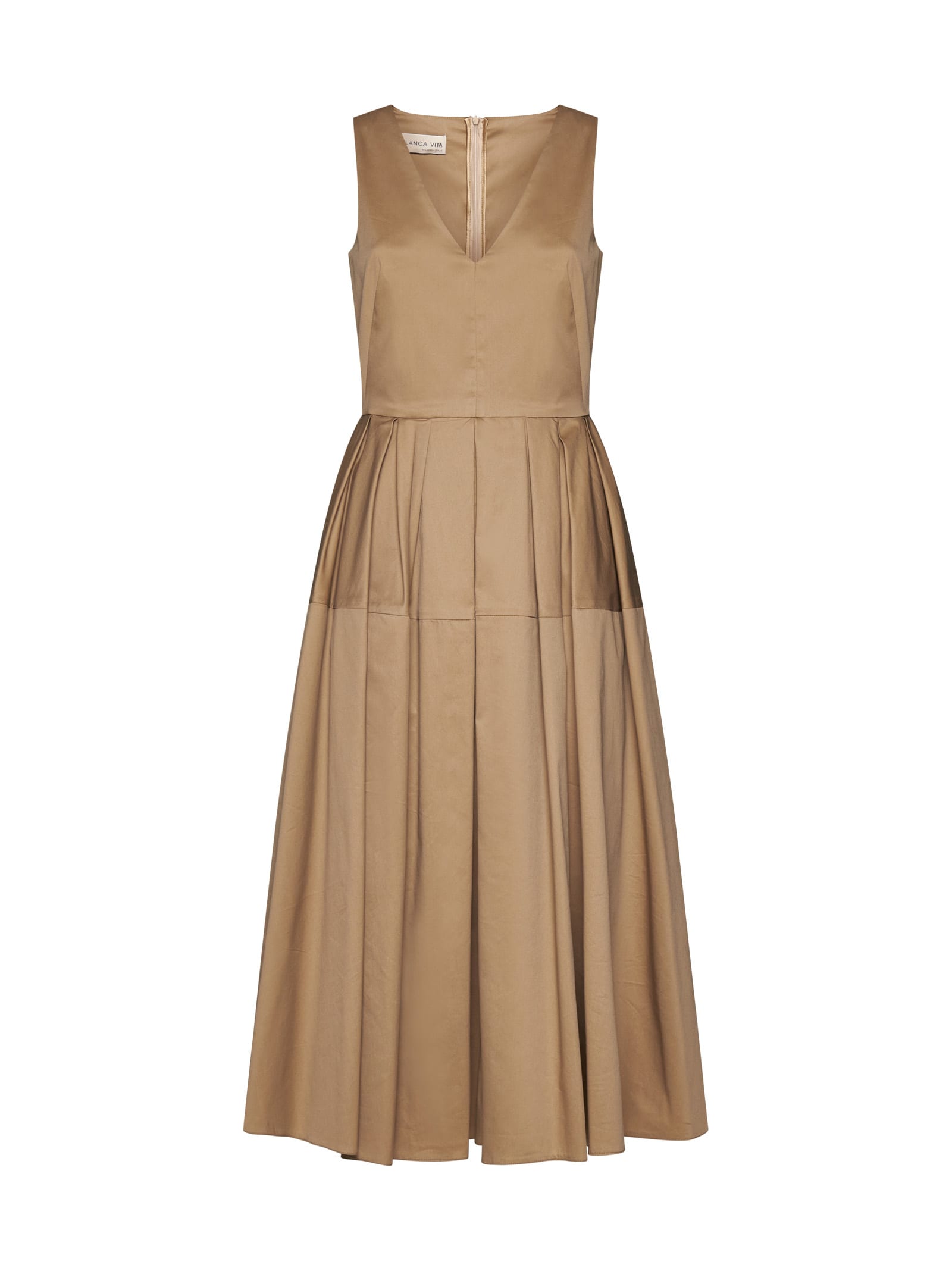 Blanca Vita Pleated Sleeveless Linen Midi Dress In Light Brown