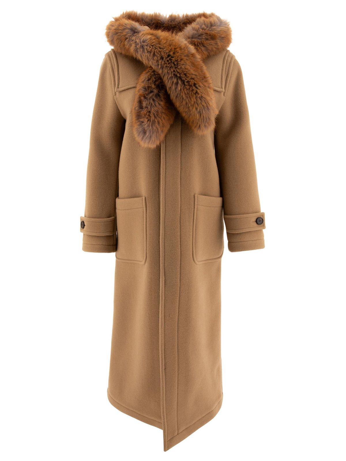 Shop Burberry Faux-fur Trim Long Sleeved Duffle Coat In Brown