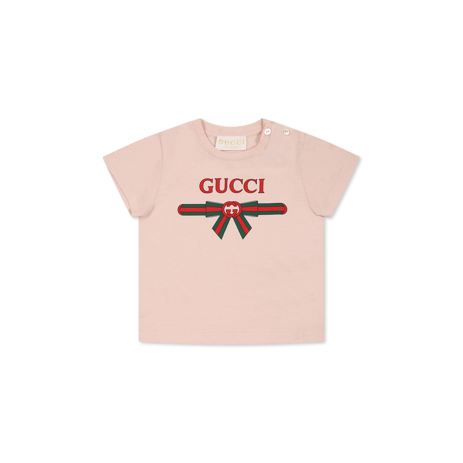 GUCCI PINK T-SHIRT FOR BABY GIRL WITH GG CROSS AND WEB MOTIF