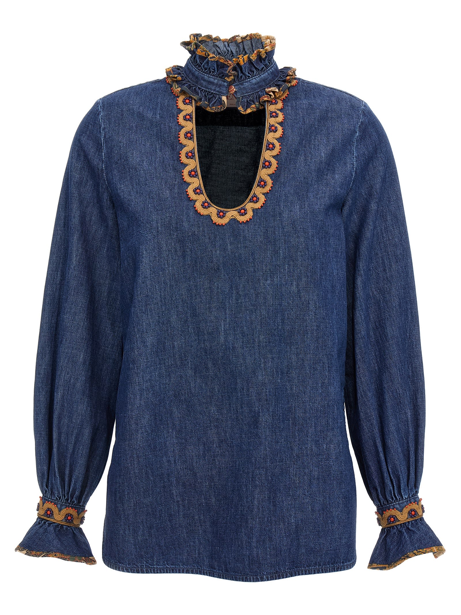 VALENTINO VALENTINO GARAVANI CHAMBRAY DENIM EMBROIDERED TOP 