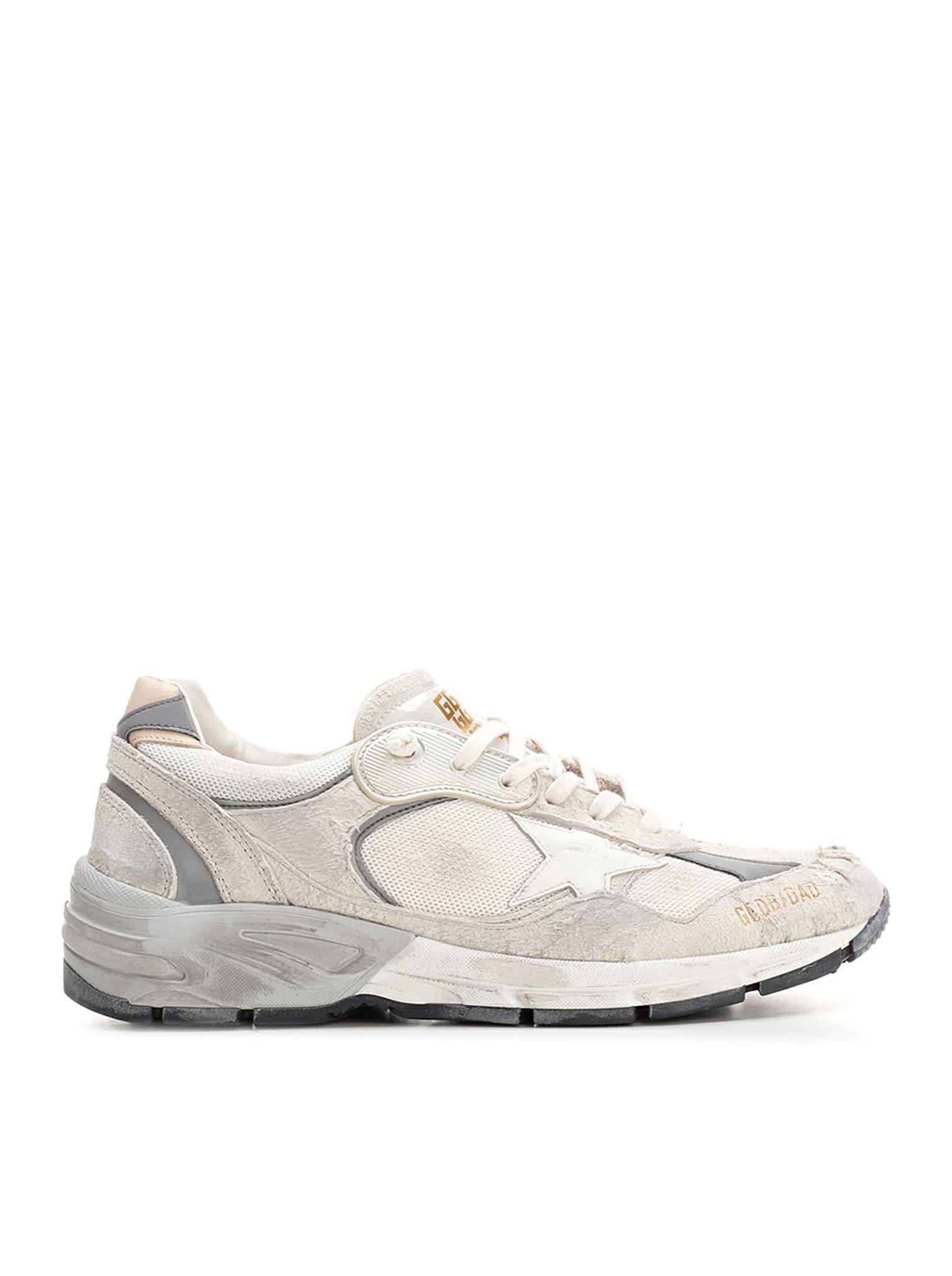 Shop Golden Goose Running Dad Net And Suede Upper Leather Star And Heel Suede Spur In White Silver