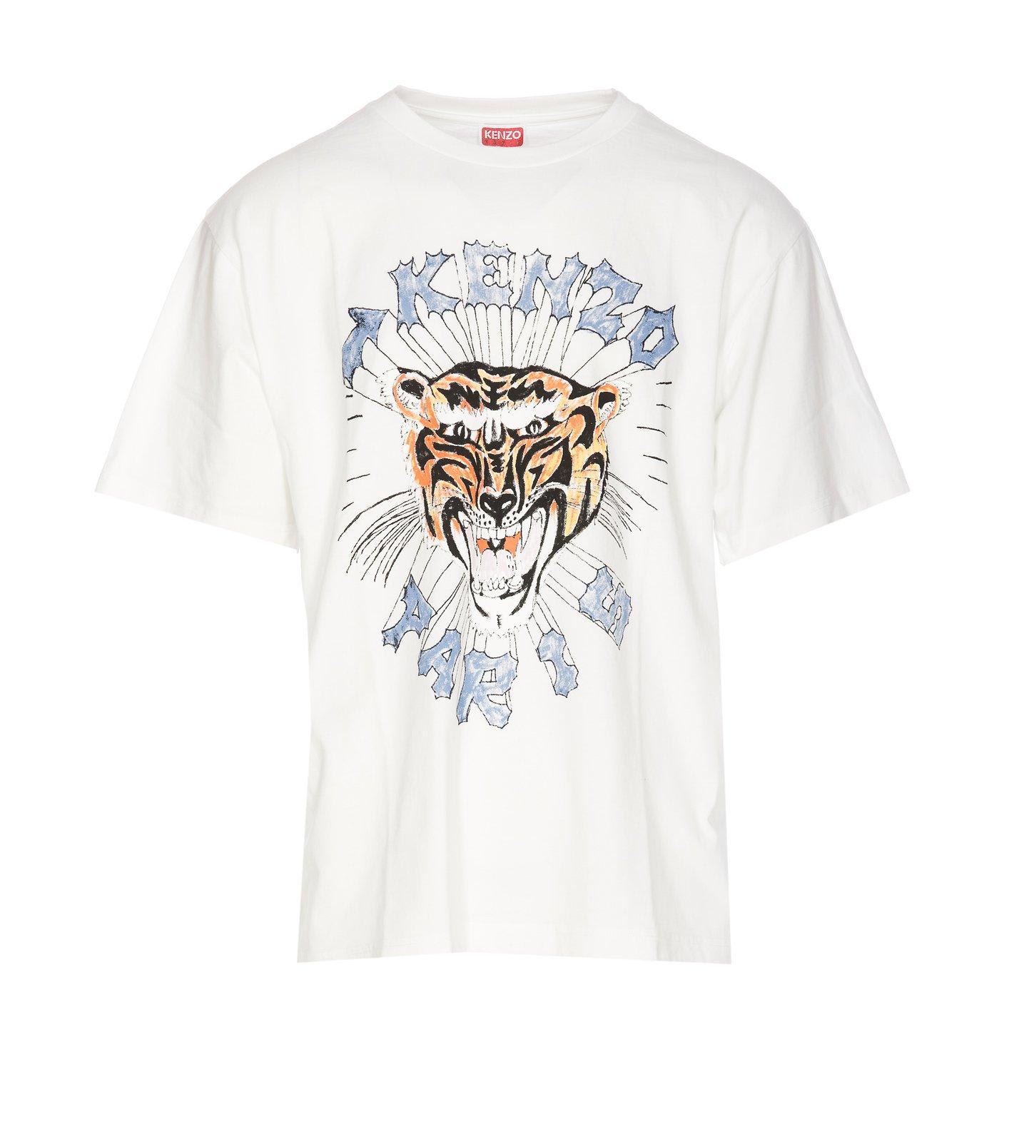 Kenzo Logo Tiger Printed Crewneck T-shirt In Bianco
