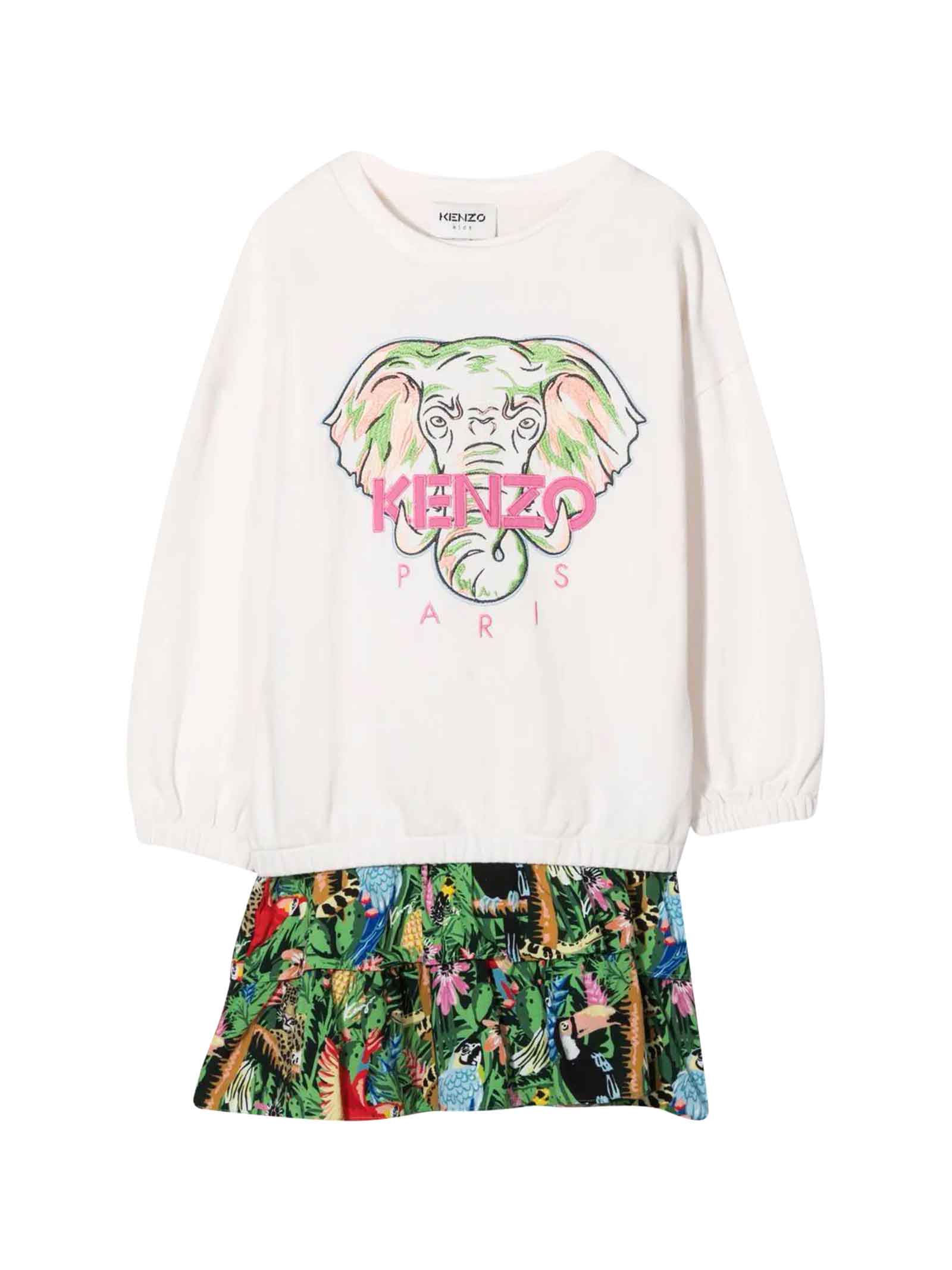 Kenzo Kids Girl Dress With White Sweatshirt And Multicolor Skirt, Embroidery With Front Logo, Round Neckline, Long Sleeves And Elasticated Cuffs By