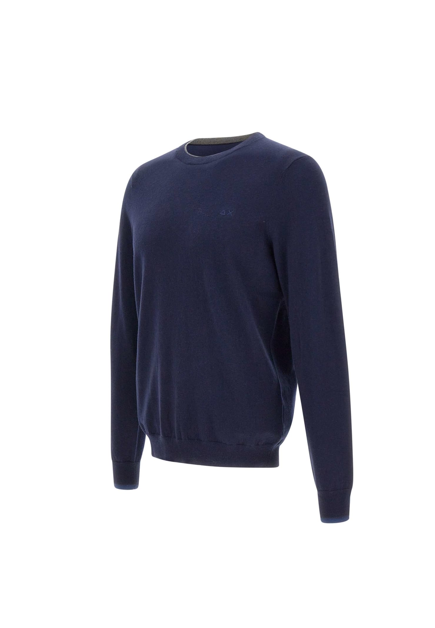 Shop Sun 68 Round Double Cotton And Wool Pullover Sweater In Navy Blue