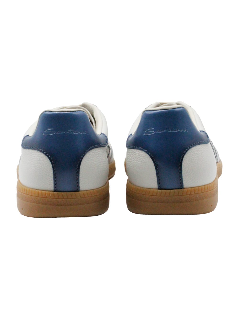 Santoni White Blue Leather Sneaker In White