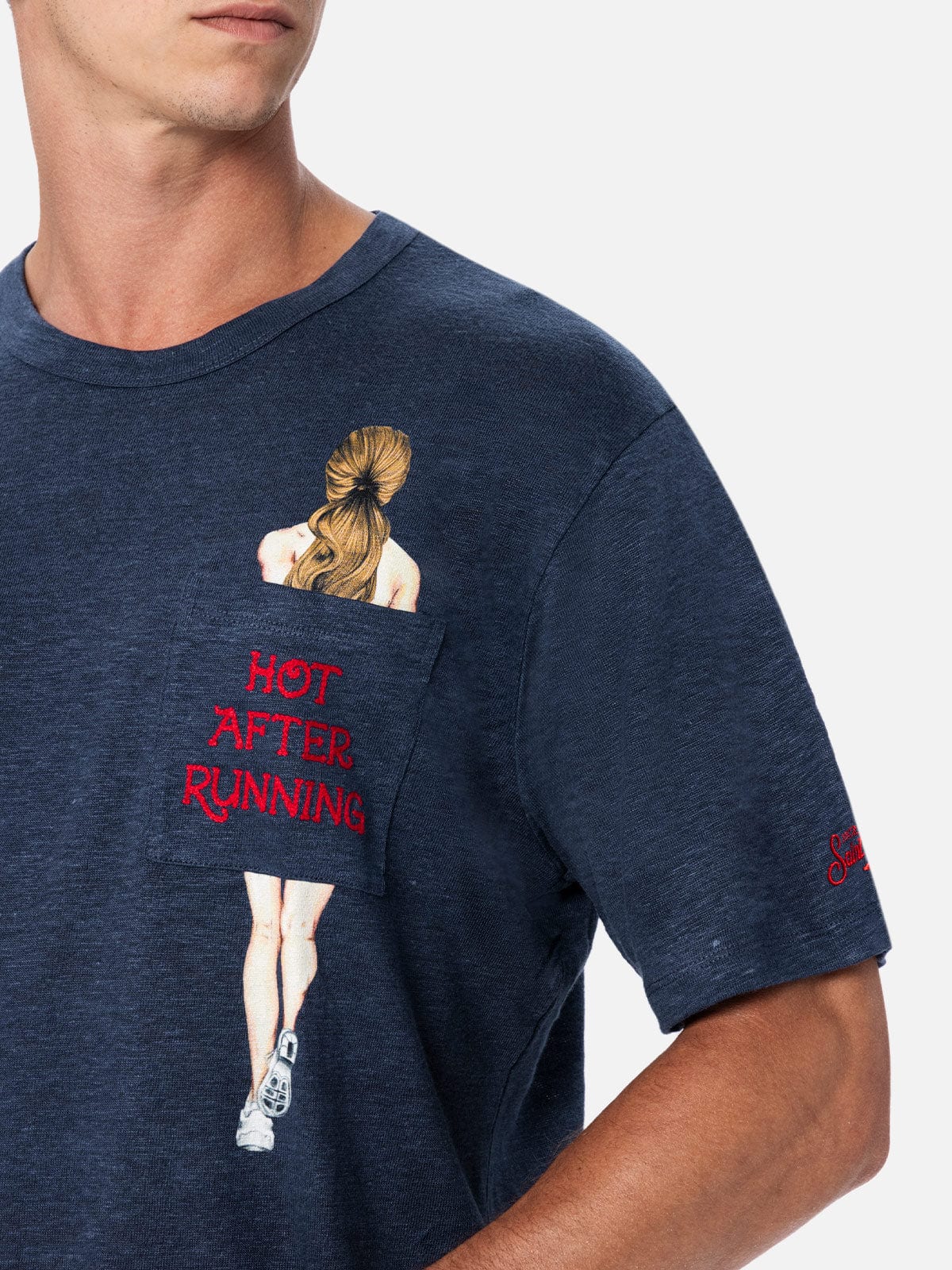 Mc2 Saint Barth Man Linen Jersey T-shirt Ecstasea With Printed And Embroidered Pocket In Blue