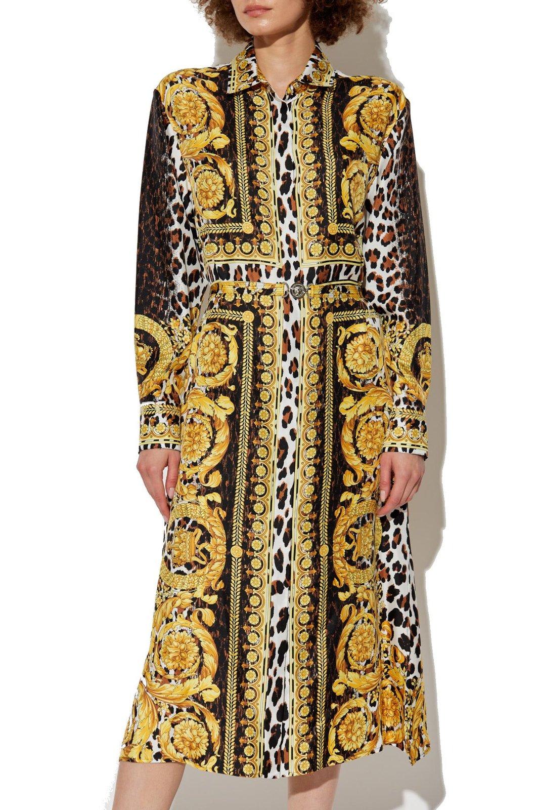 Shop Versace Wild Barocco Foulard Long-sleeved Shirt Dress In Golden