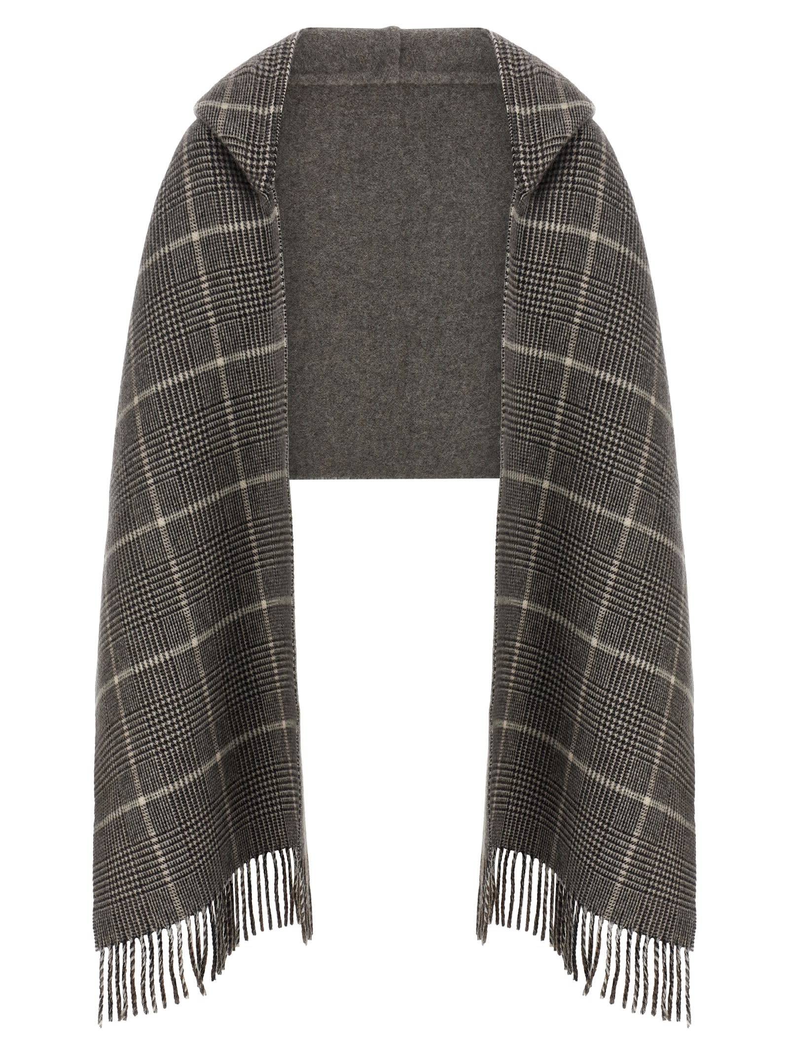 Brunello Cucinelli Checked Pattern Hooded Scarf With Fringed Edges In Gray