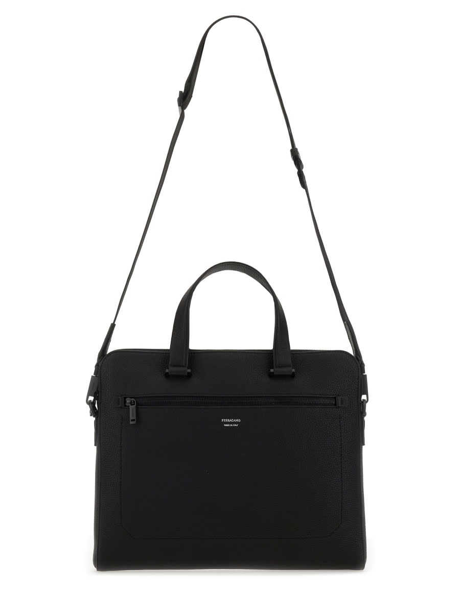 Ferragamo Structured Leather Business Bag In Black