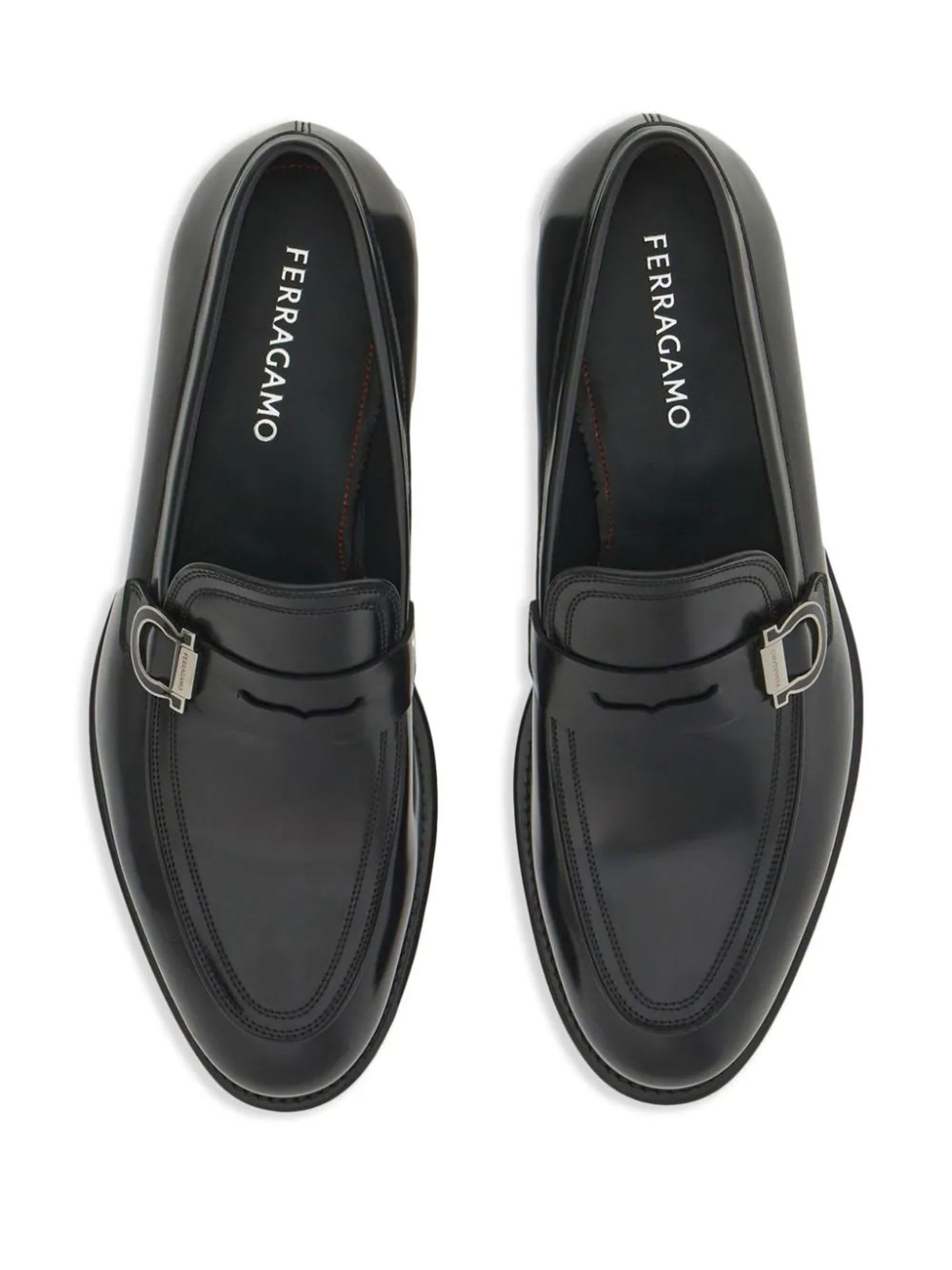 Shop Ferragamo Black Calf Leather Gancini Loafers