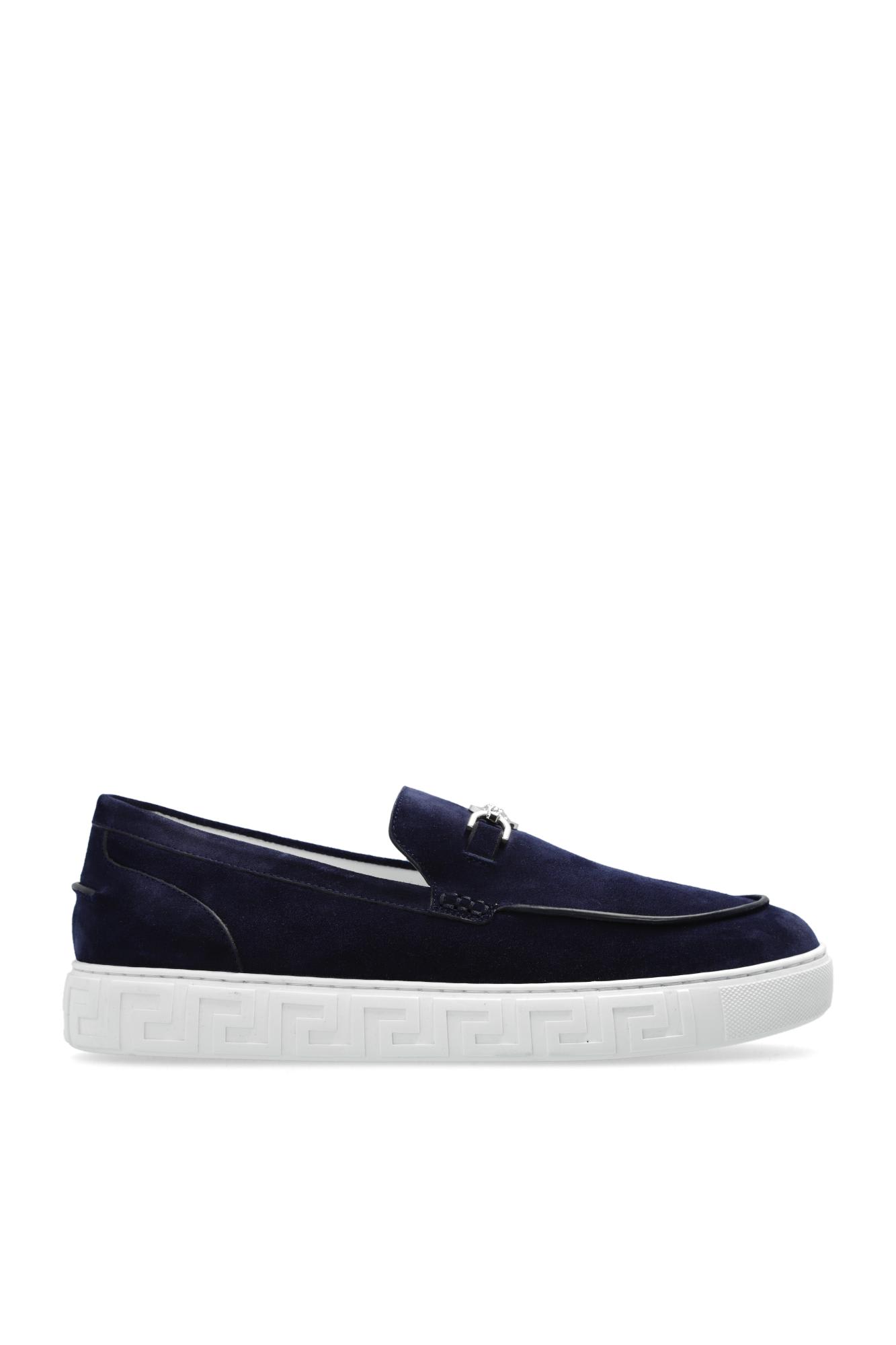 Shop Versace Suede Loafers In Blue