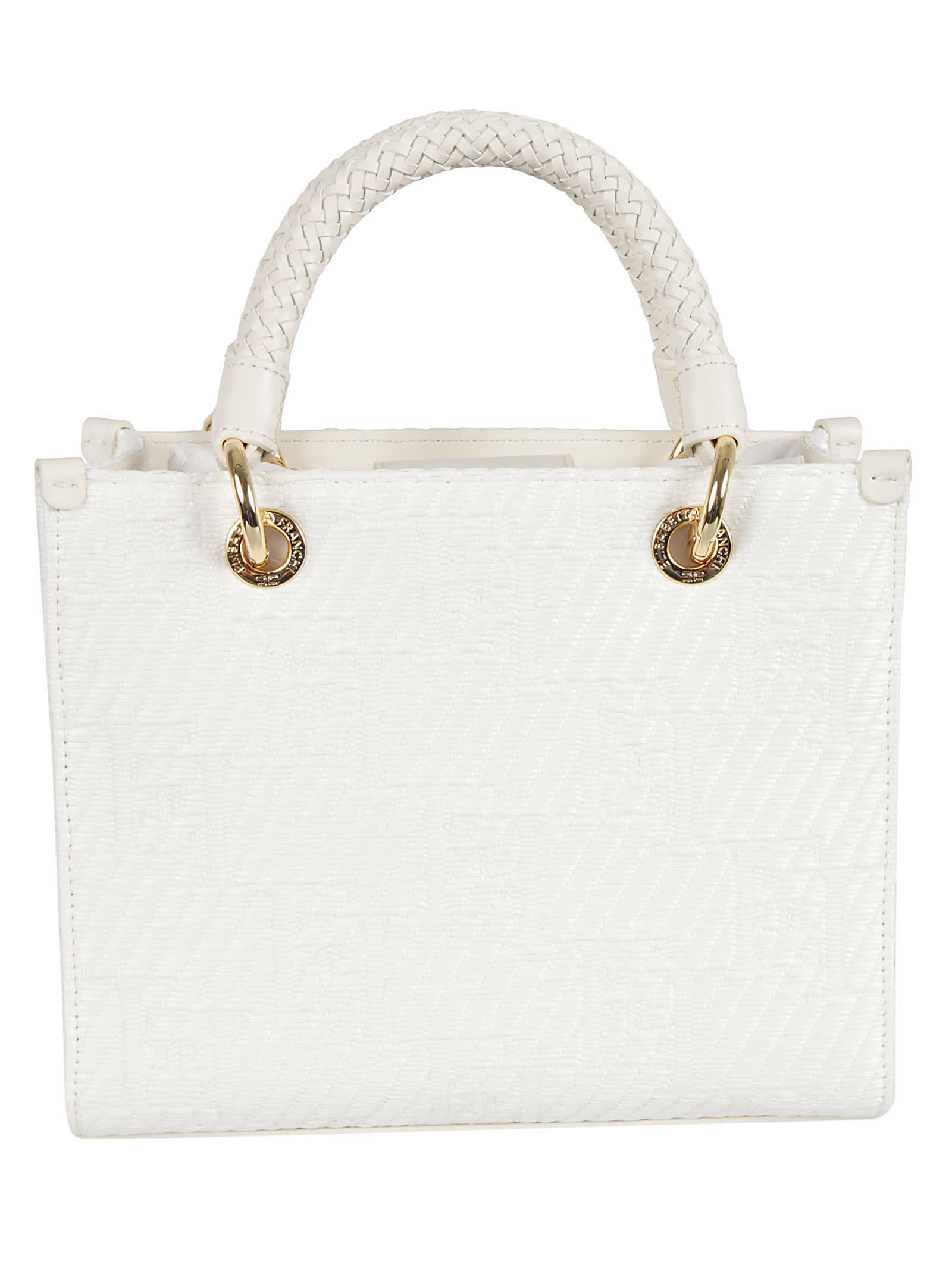 Shop Elisabetta Franchi Woven Top Handle Patterned Tote In Ivory