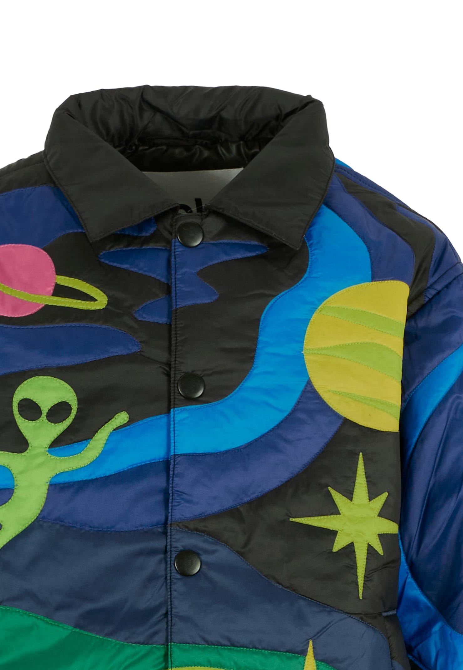 Molo Black Down Jacket For Boy With Alien In Multi