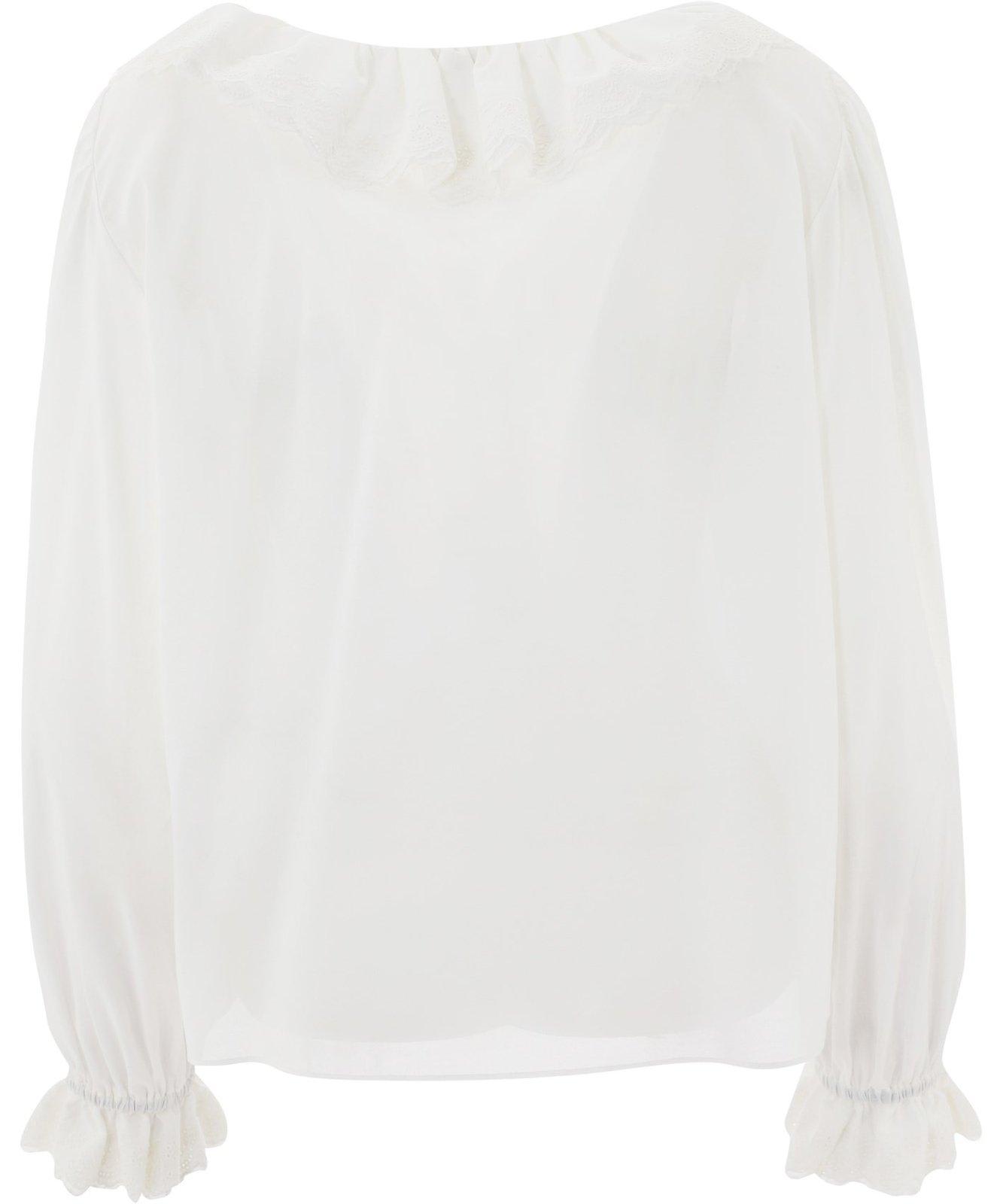 Shop Saint Laurent Broderie Anglaise Frilled Tie Blouse In White