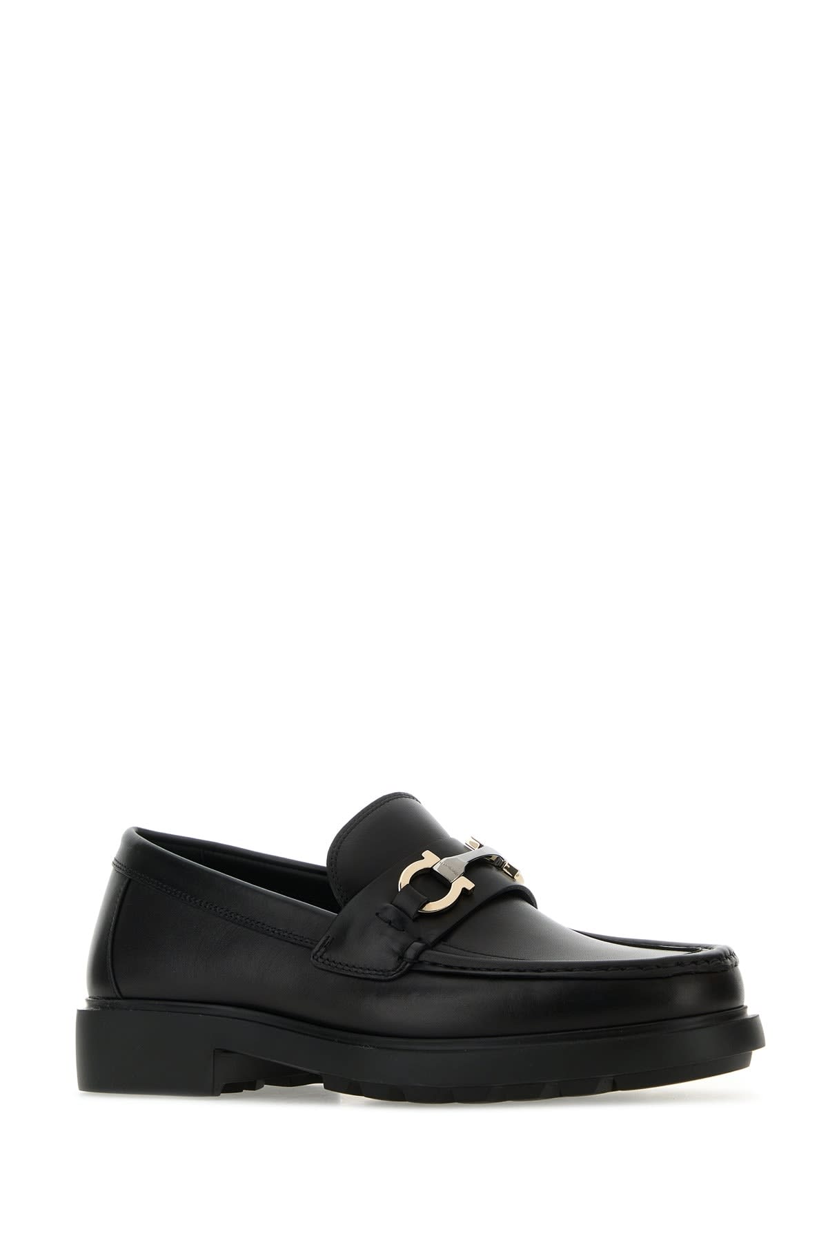 Ferragamo Black Leather Loafers With Gancini Ornament In Black