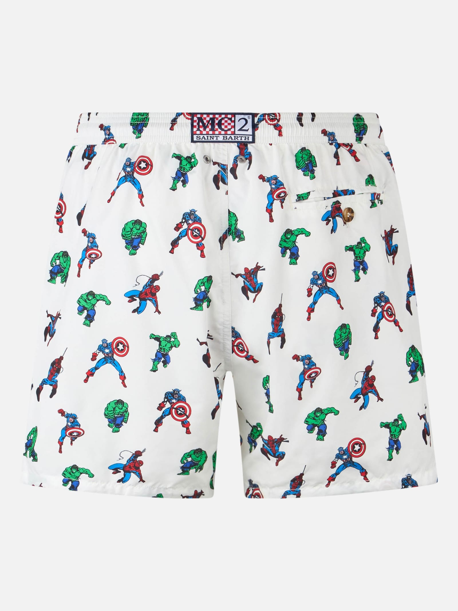 Shop Mc2 Saint Barth Man Lightweight Fabric Swim-shorts Lighting Micro Fantasy With Marvel Super Heroes Print Marvel Spec In White