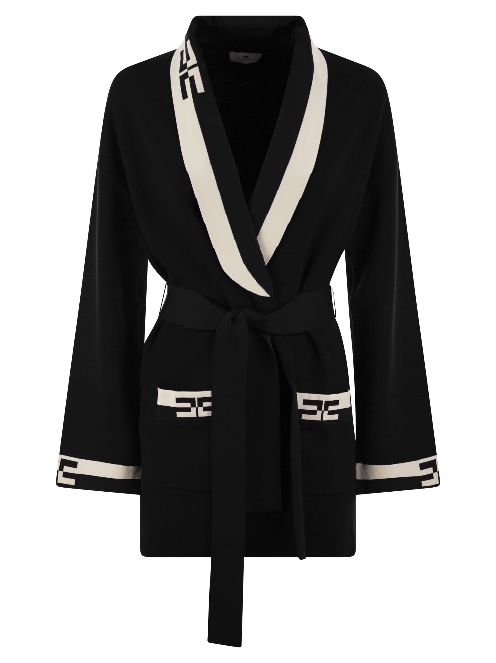 Shop Elisabetta Franchi Viscose Cardigan With Logo Bands In Nero / Burro