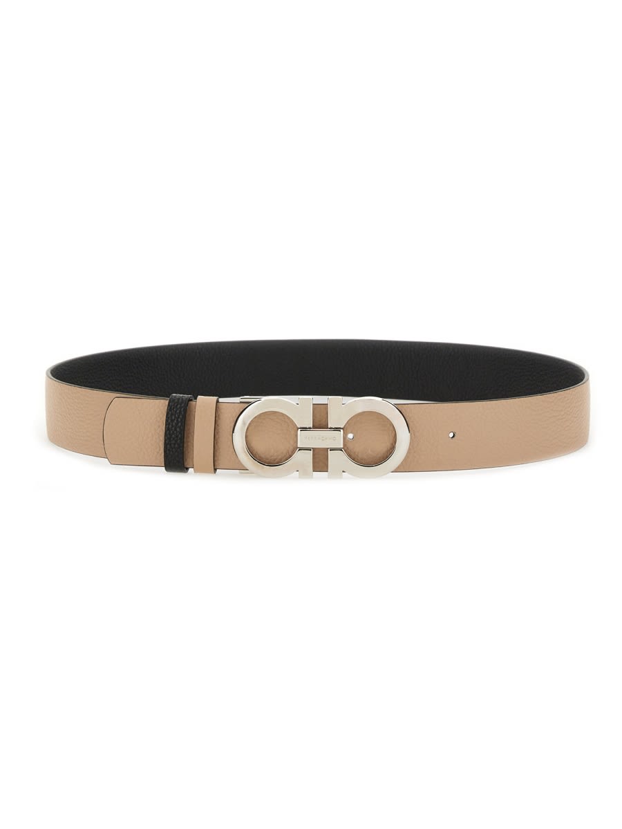 Ferragamo New Bisque And Black Leather Gancini Belt In Brown