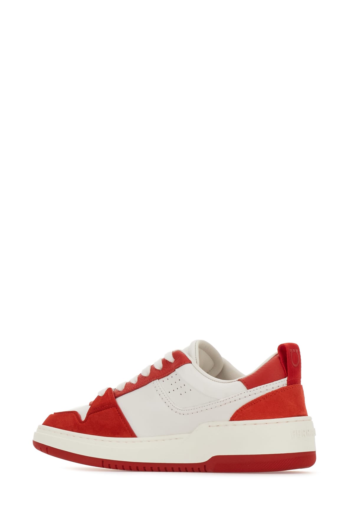 Ferragamo Leather And Suede Sneakers With Contrast Panels In Flame Red