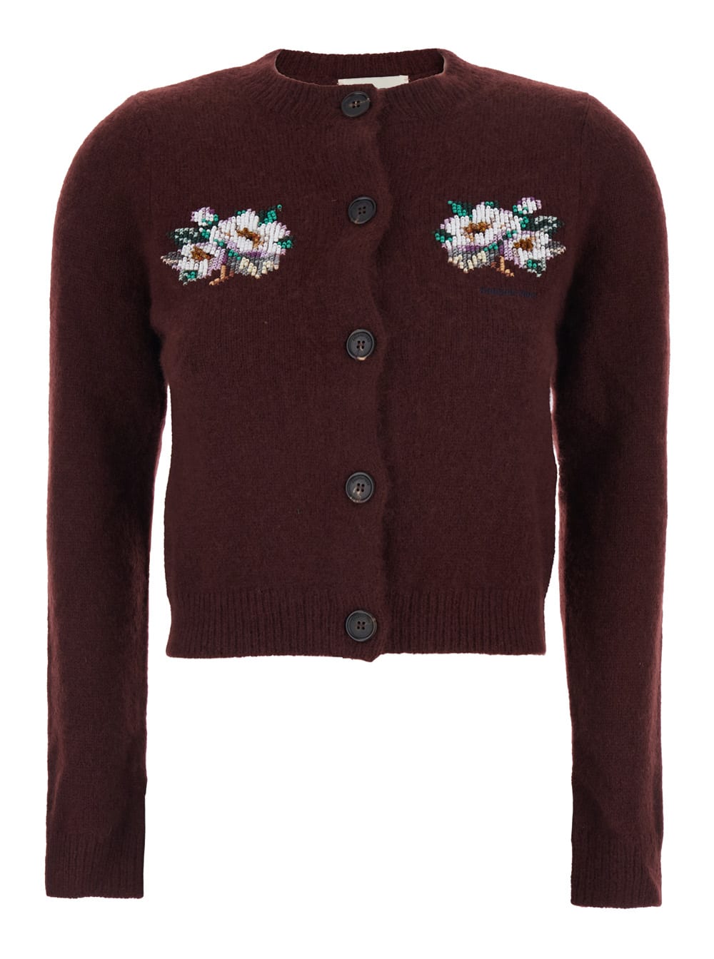 Shushu-tong Bordeaux Crewneck Cardigan With Beaded Embroidery On The Front In Wool Blend Woman In Burgundy