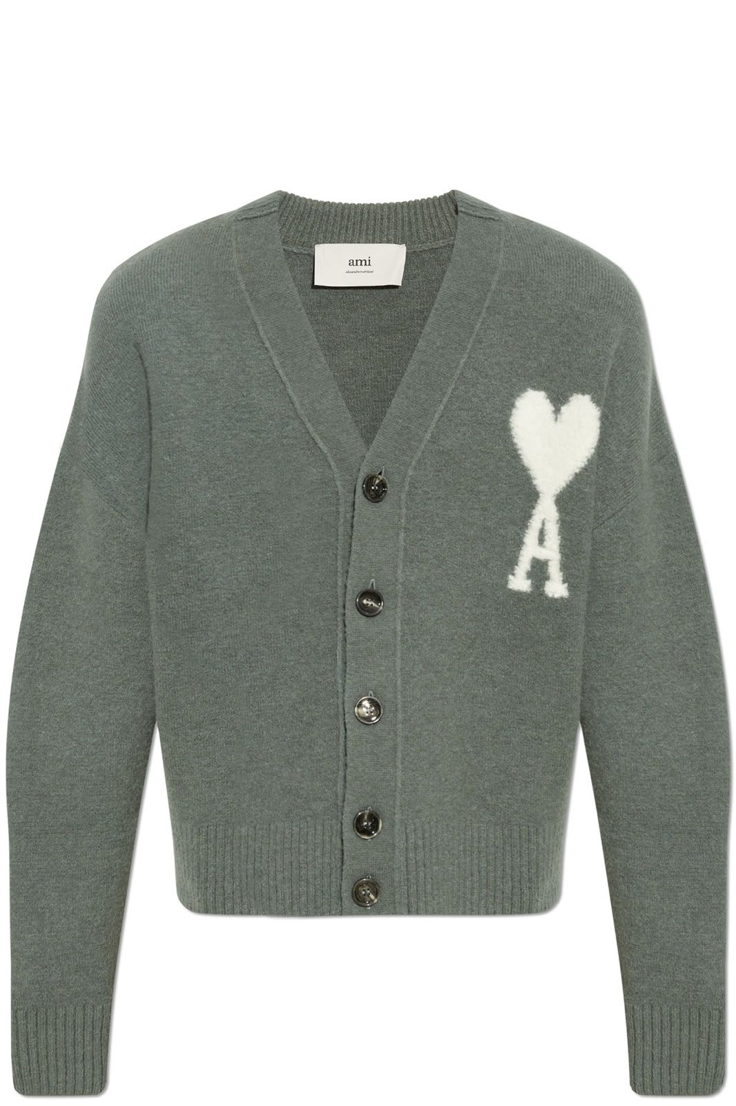 Shop Ami Alexandre Mattiussi Paris De Coeur Logo Intarsia-knit V-neck Cardigan In Antique Clay