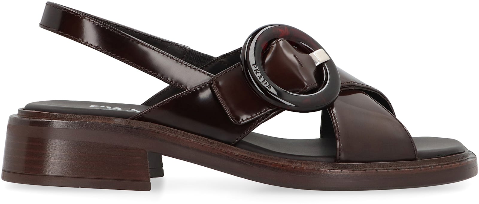 Prada Brushed Leather Crisscross Band Sandals With Plexiglas Buckle