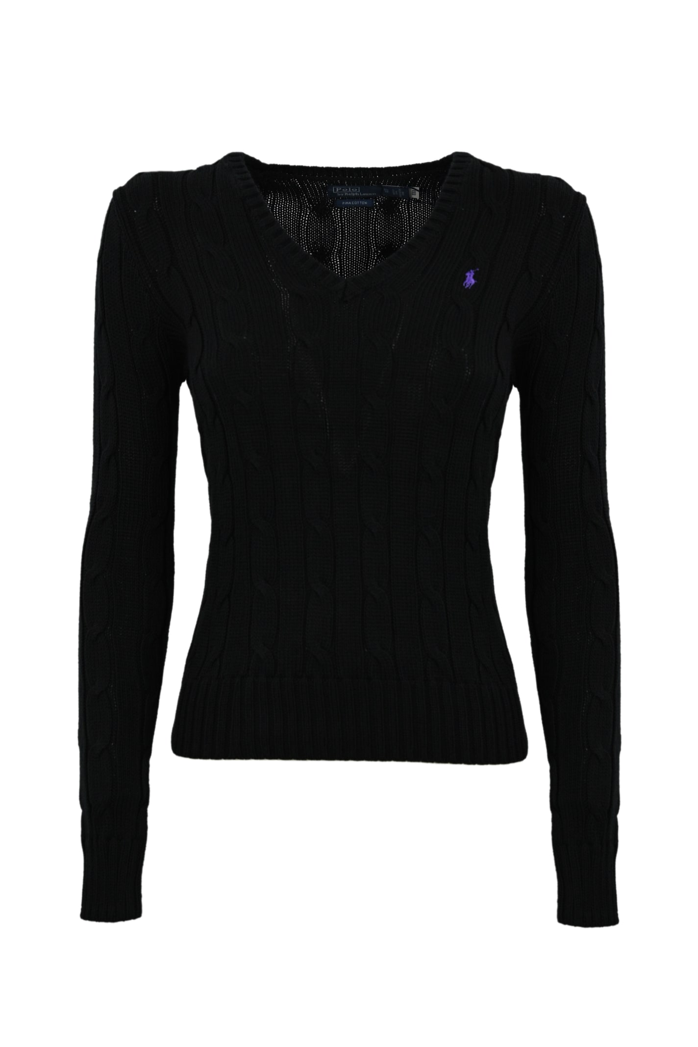 Shop Polo Ralph Lauren Cable Knit Sweater With V-neck In Black
