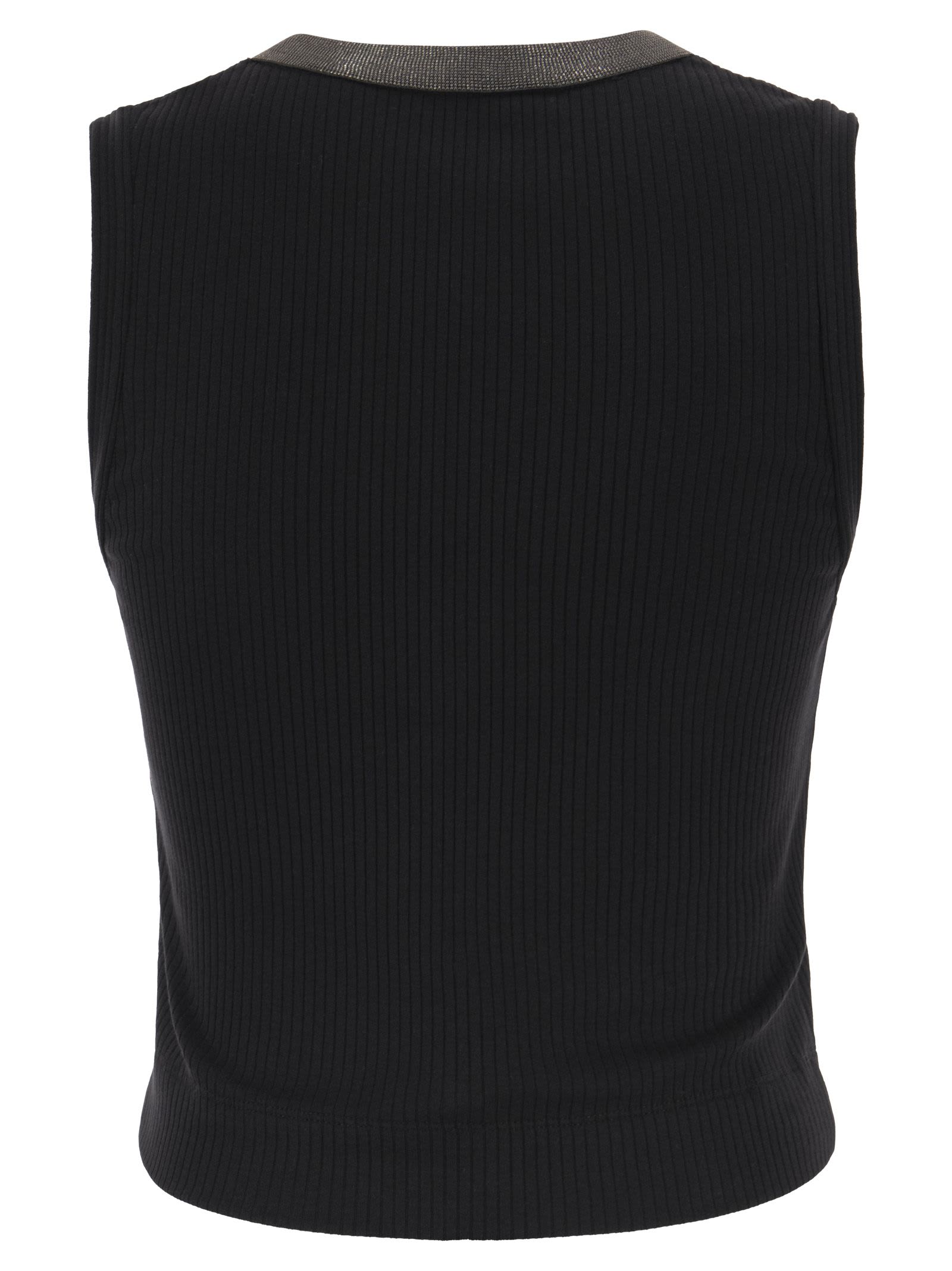 Shop Brunello Cucinelli Stretch Cotton Rib Jersey Top With Shiny Collar In Black