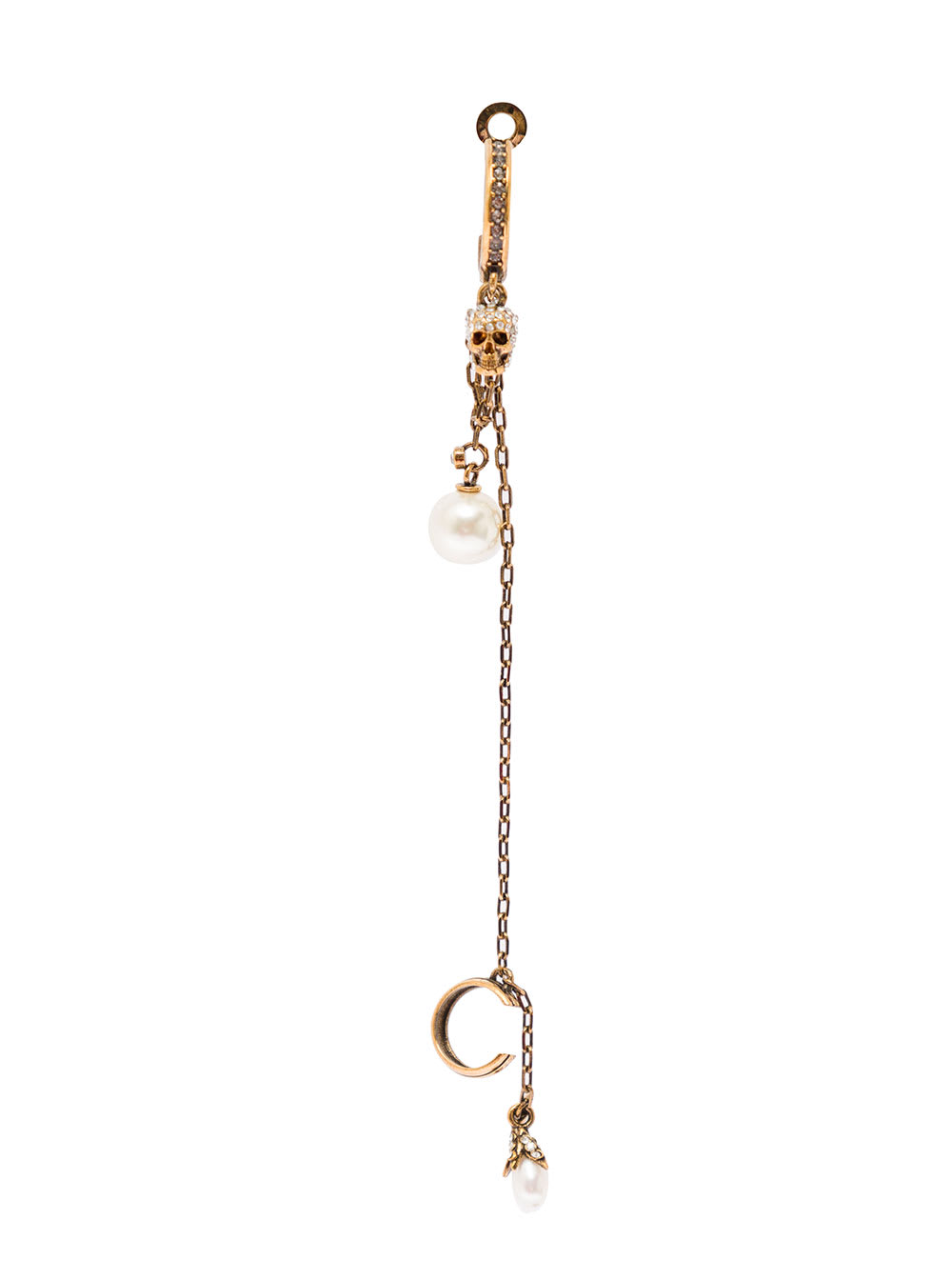 Alexander Mcqueen Woman Pendant Golden Brass Earring With Skull And Pearls