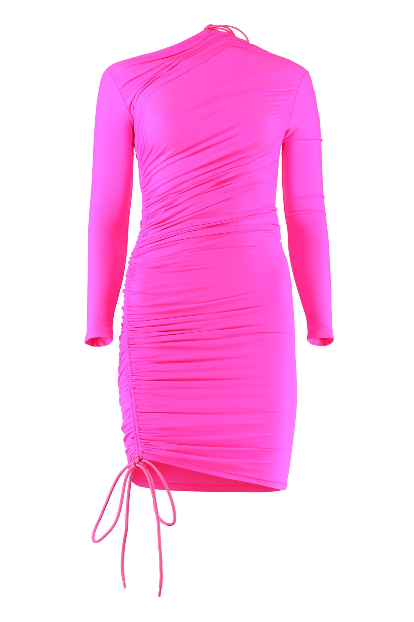 Asymmetric Ruched Neon Stretch-jersey Mini Dress In Pink
