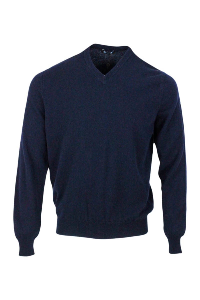 Shop Colombo Long-sleeved V-neck Sweater In Fine 2-ply 100% Kid Cashmere With Special Processing On The Edge Of T In Blu Navy