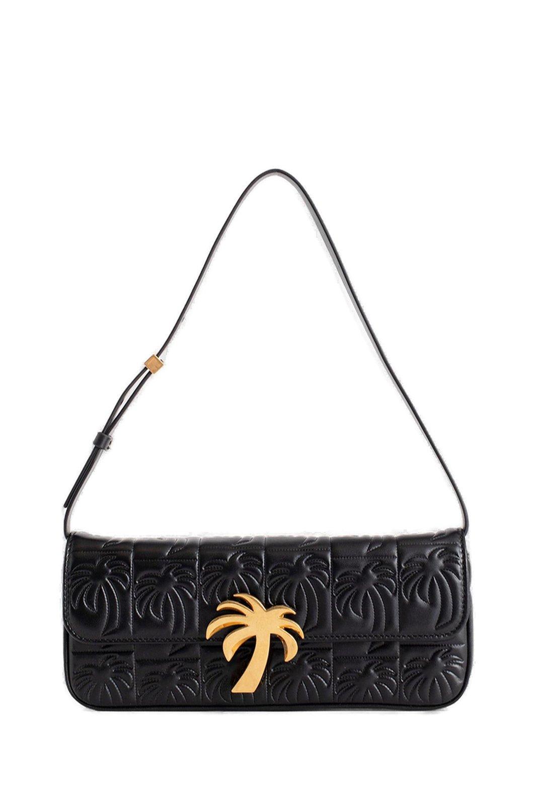 Shop Palm Angels Palm Tree Plaque Foldover Top Shoulder Bag In Black